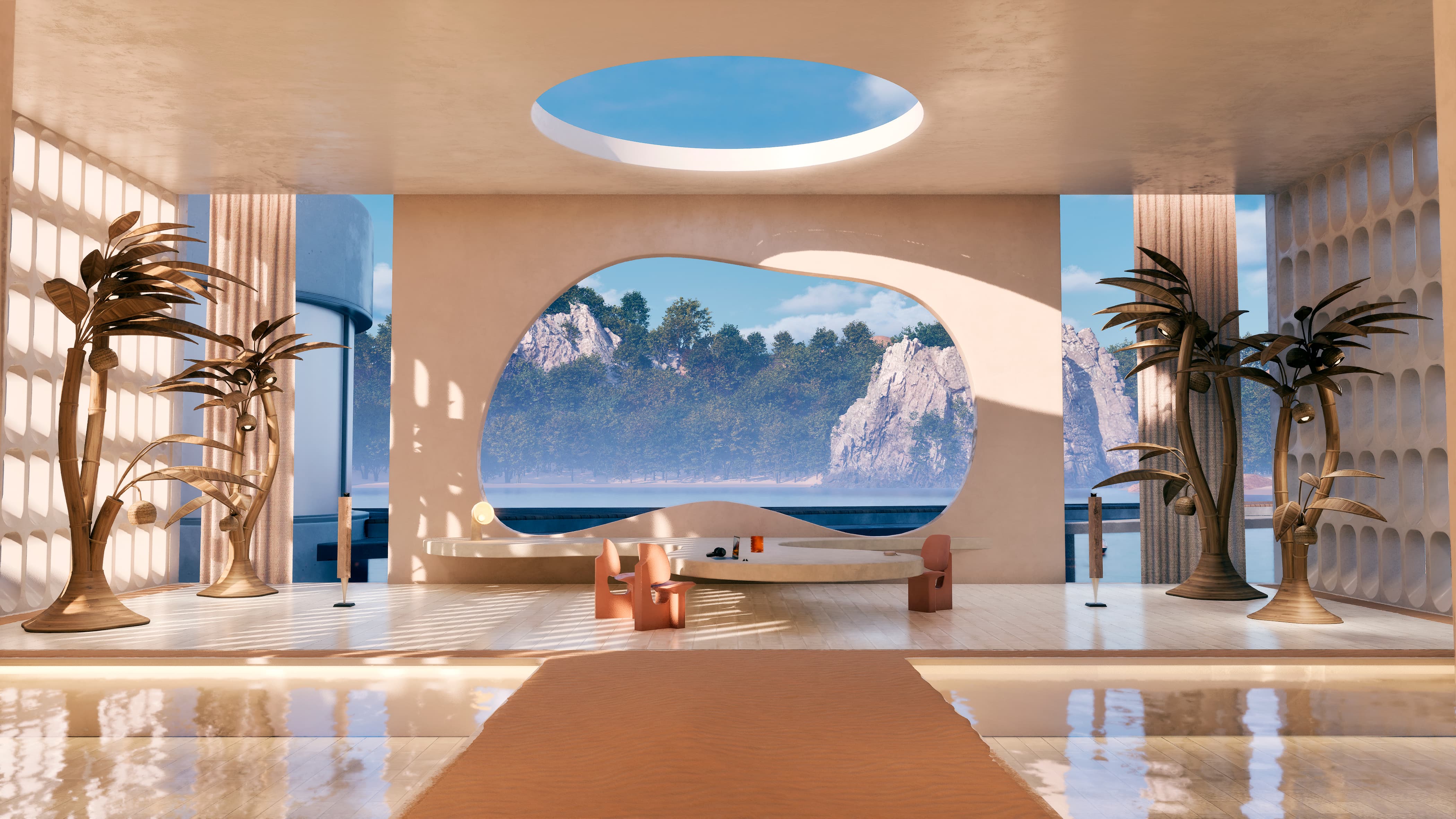 Espacio moderno con grandes ventanas, plantas decorativas y vista a montañas rocosas y lago.