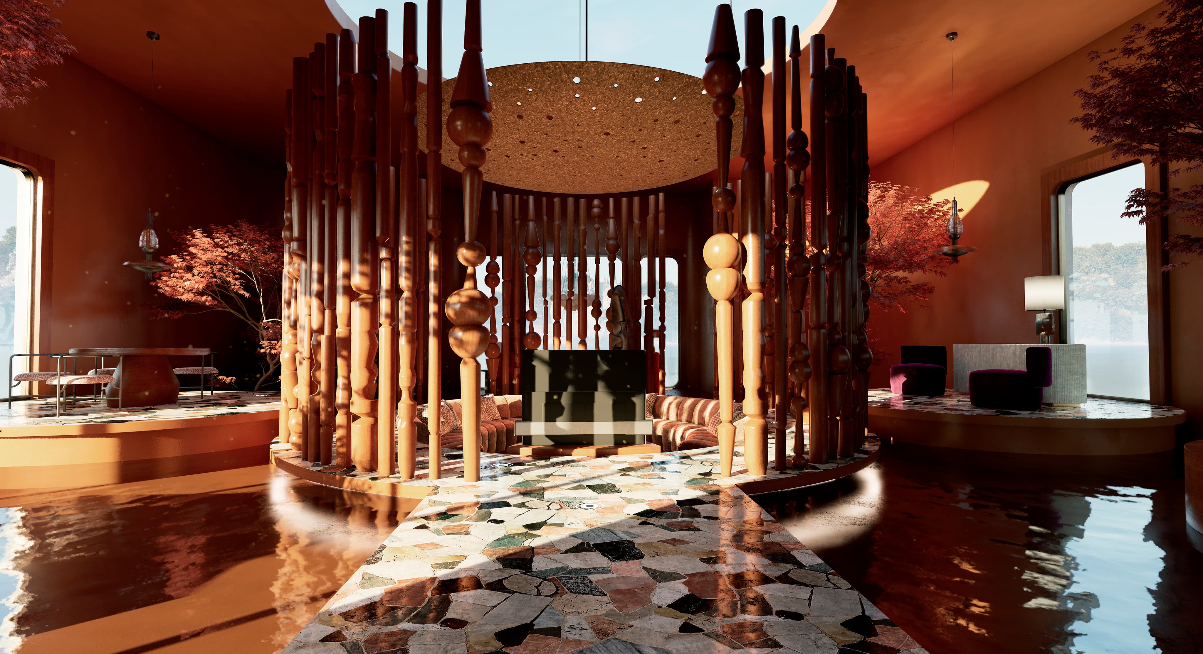 Sala moderna con columnas de madera, suelo de mosaico, muebles y luz natural desde ventanas grandes.