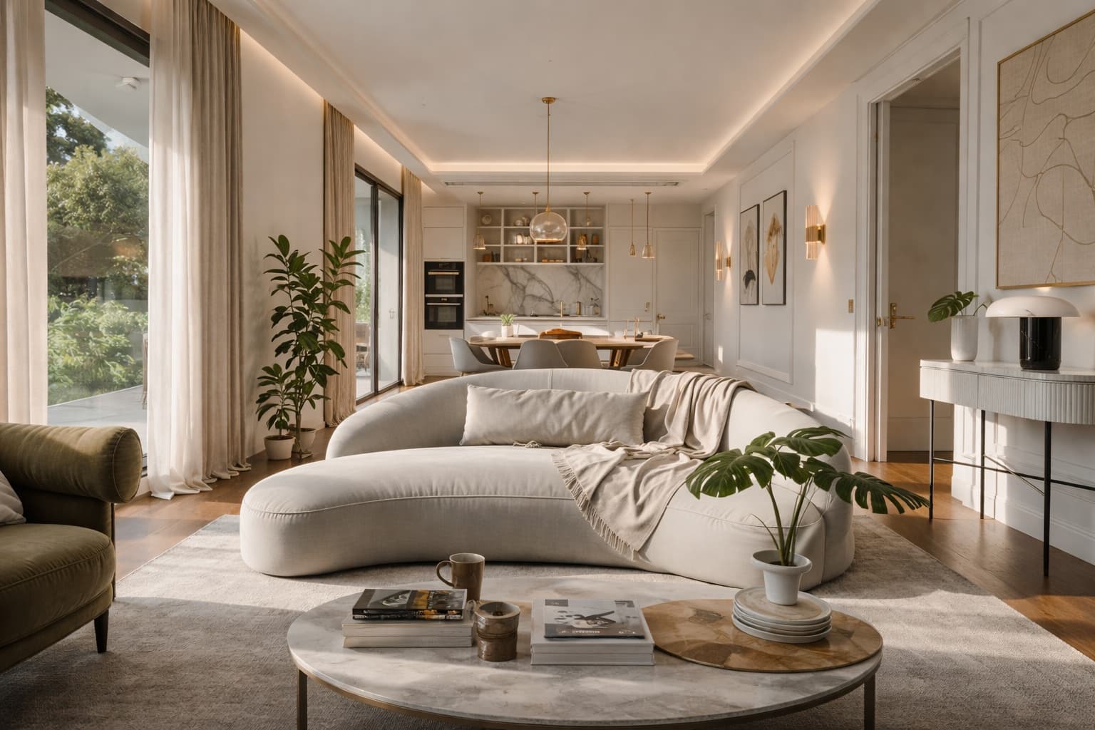 Salón moderno y luminoso con sofá curvo, mesa de centro, plantas y cocina abierta al fondo.