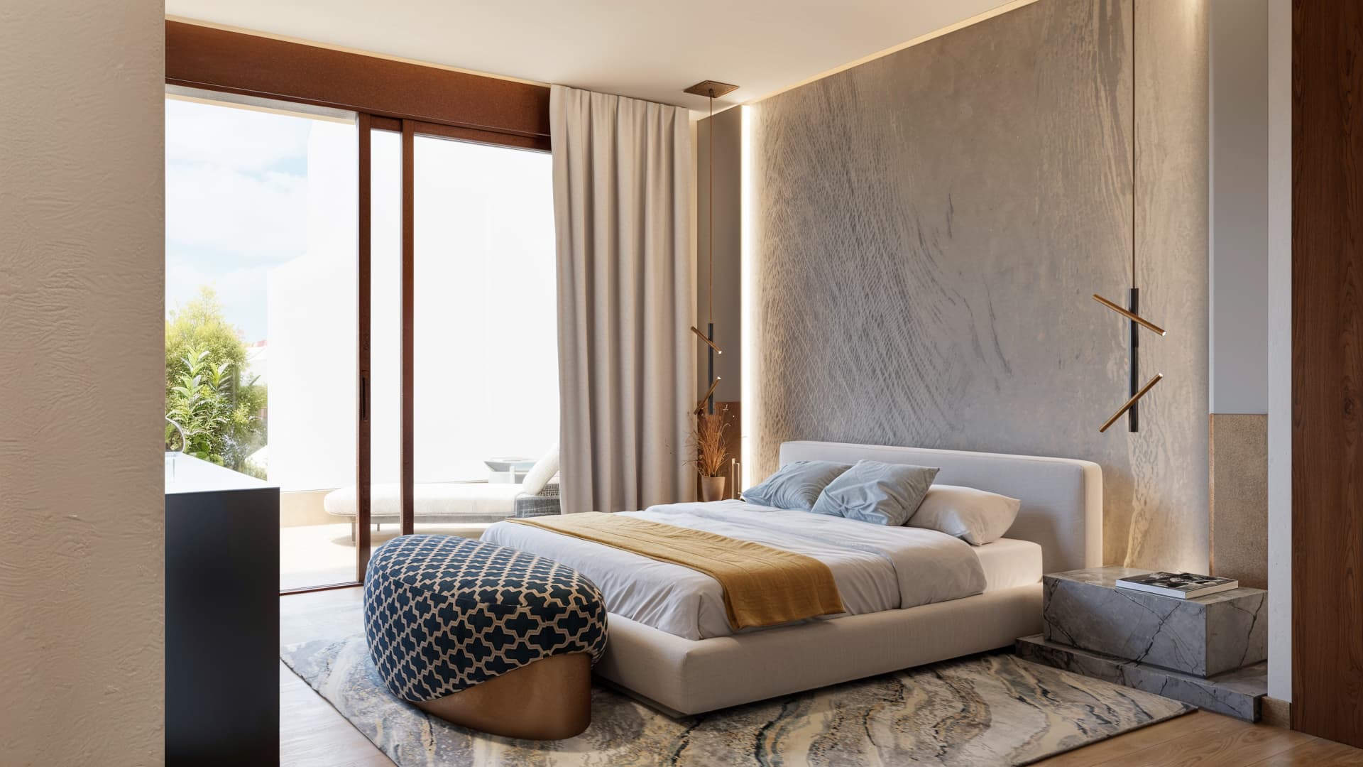 Dormitorio moderno con cama blanca, almohadas grises, una manta mostaza y un puf azul con estampado.