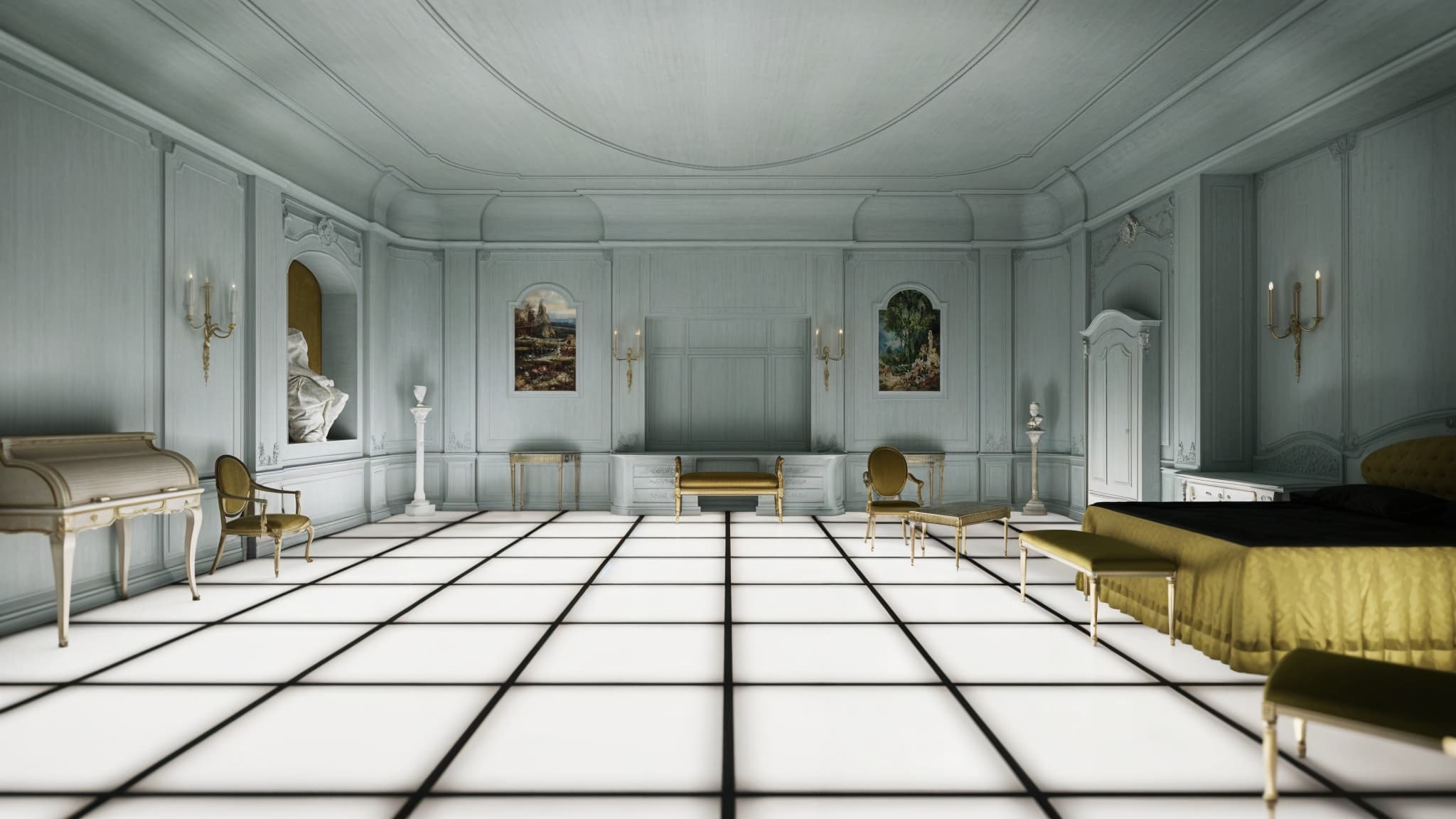 Habitación elegante con paredes grises, suelo iluminado en cuadrícula y muebles dorados clásicos.