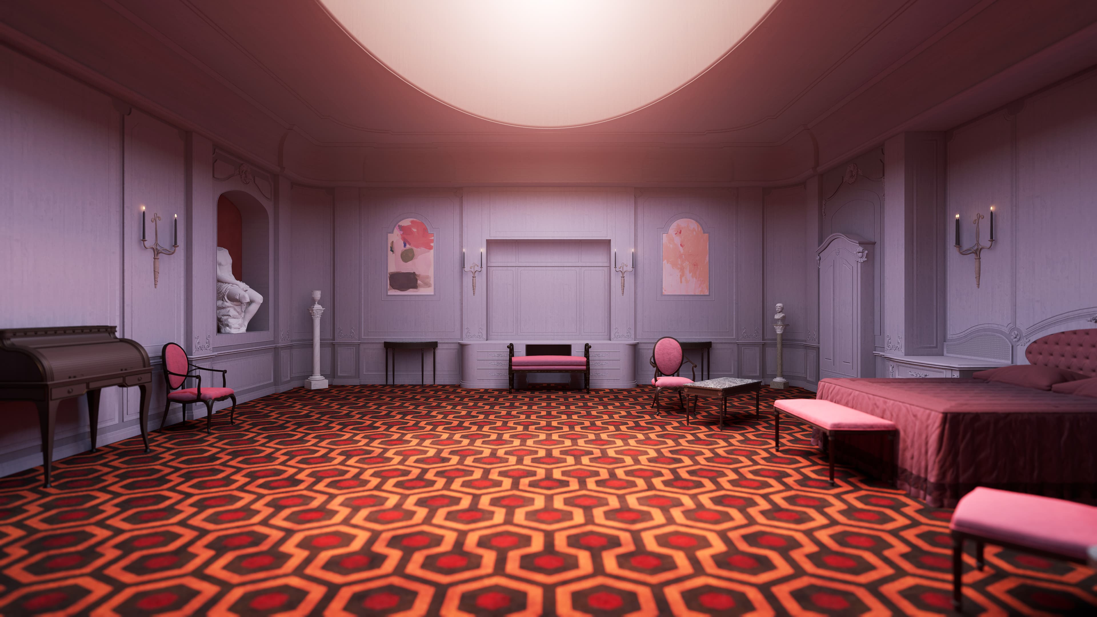 Interior de habitación con techo alto, alfombra geométrica roja y muebles tapizados en rosa.