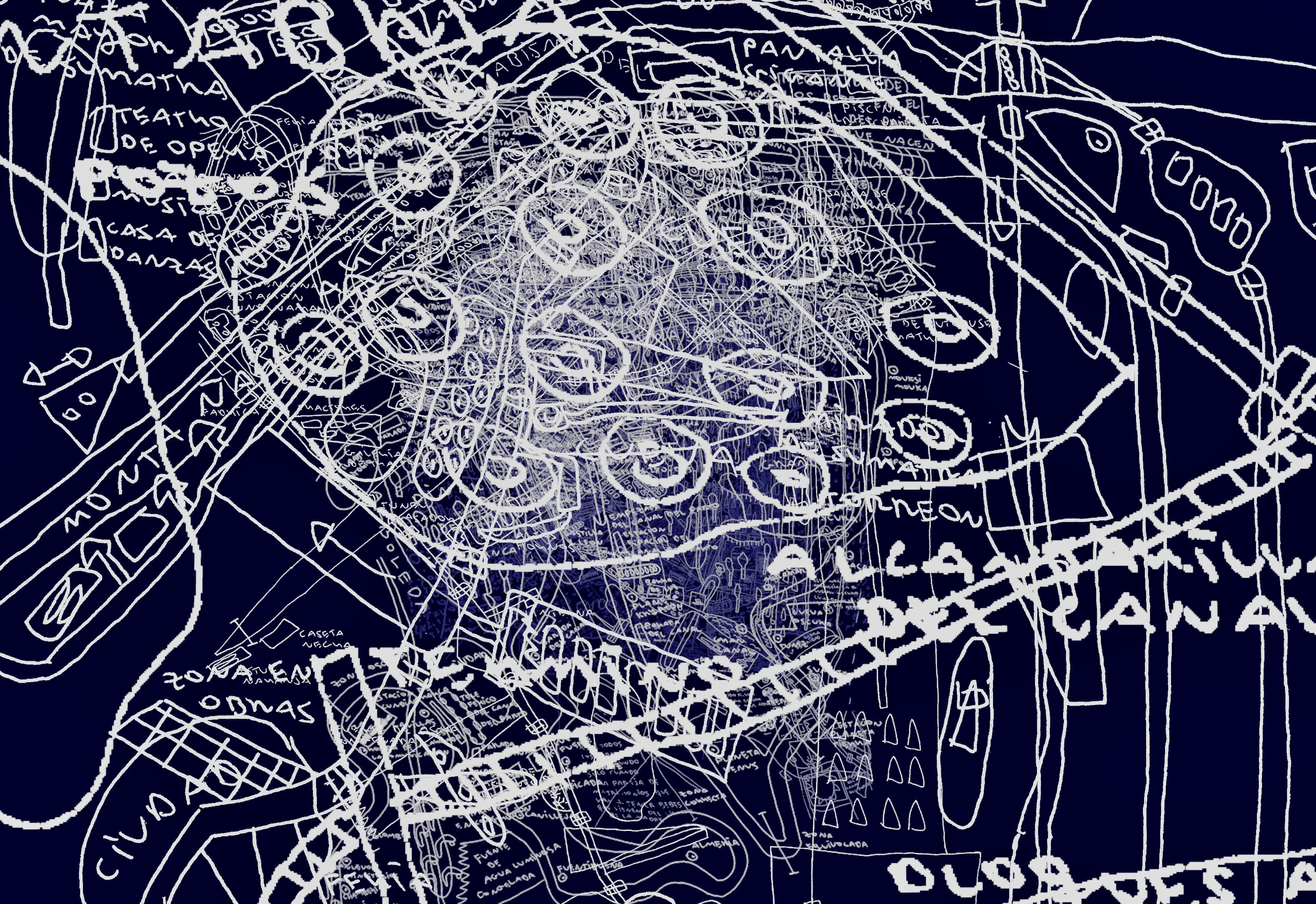 Mapa estilizado de una ciudad con etiquetas de calles y zonas escritas a mano en blanco sobre fondo azul oscuro.