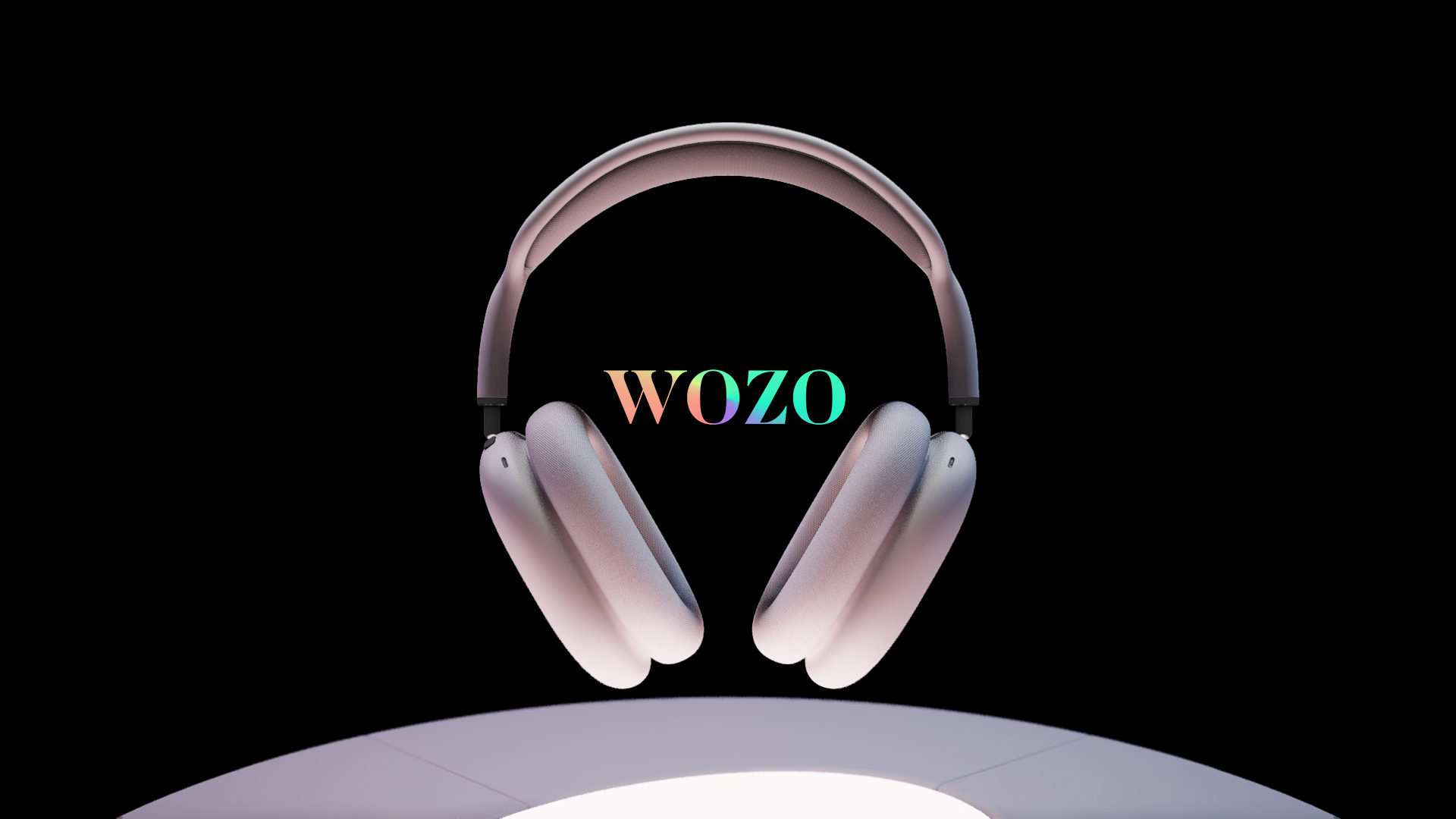 Auriculares vibrantes sobre fondo negro con texto colorido que dice Wozo.
