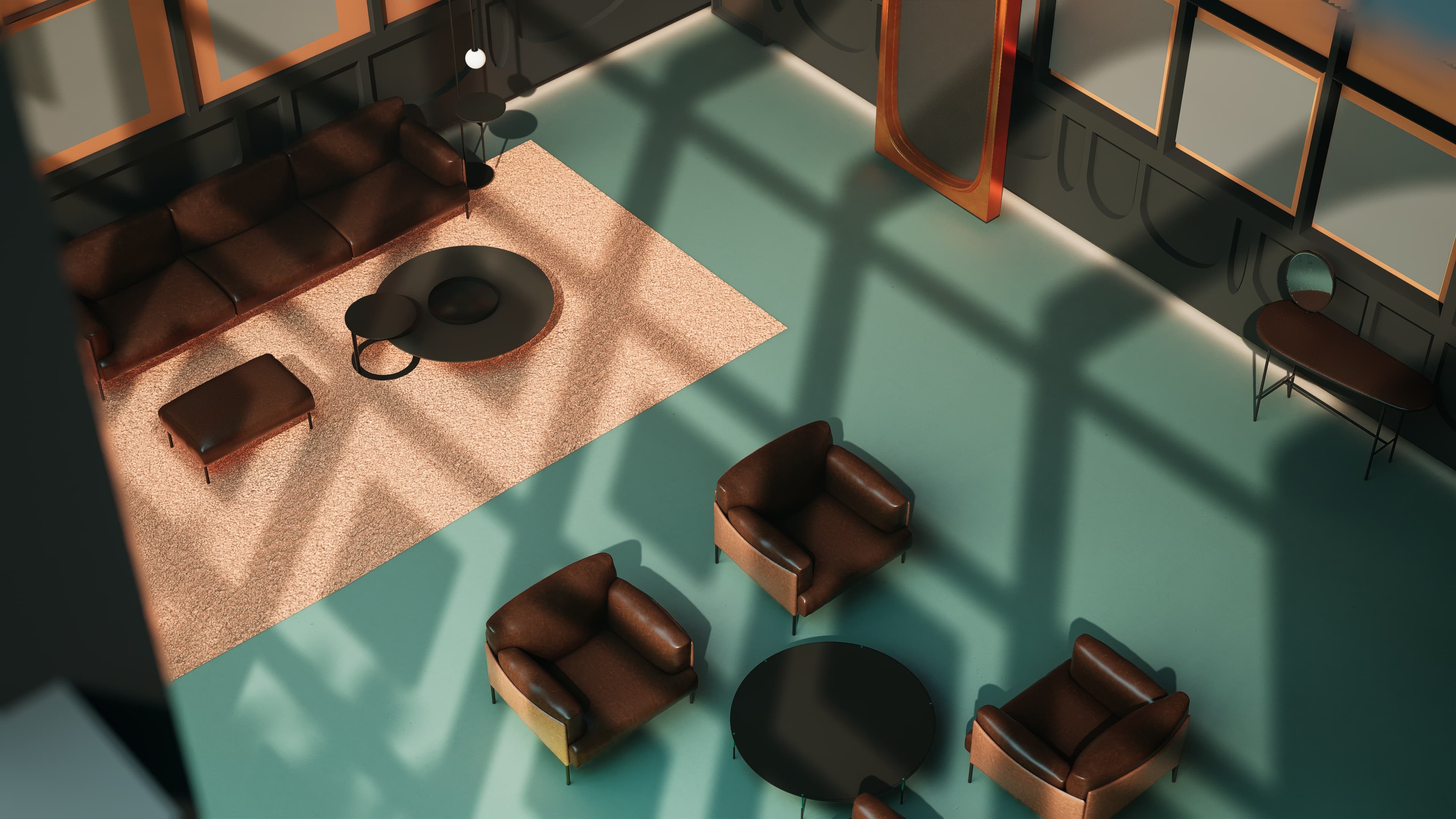 Sala moderna con sofá y sillones marrones, alfombra beige y sombra de ventanas en el suelo verde.