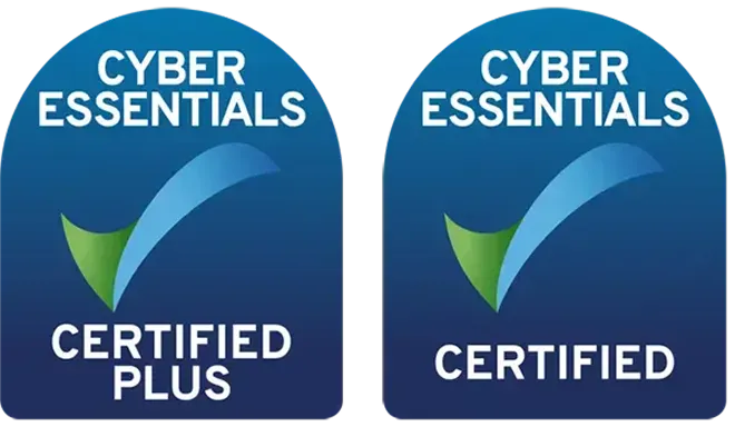 Two Cyber Essentials certification logos, one labeled Certified Plus and the other Certified, both featuring a blue and green checkmark on a dark blue background.