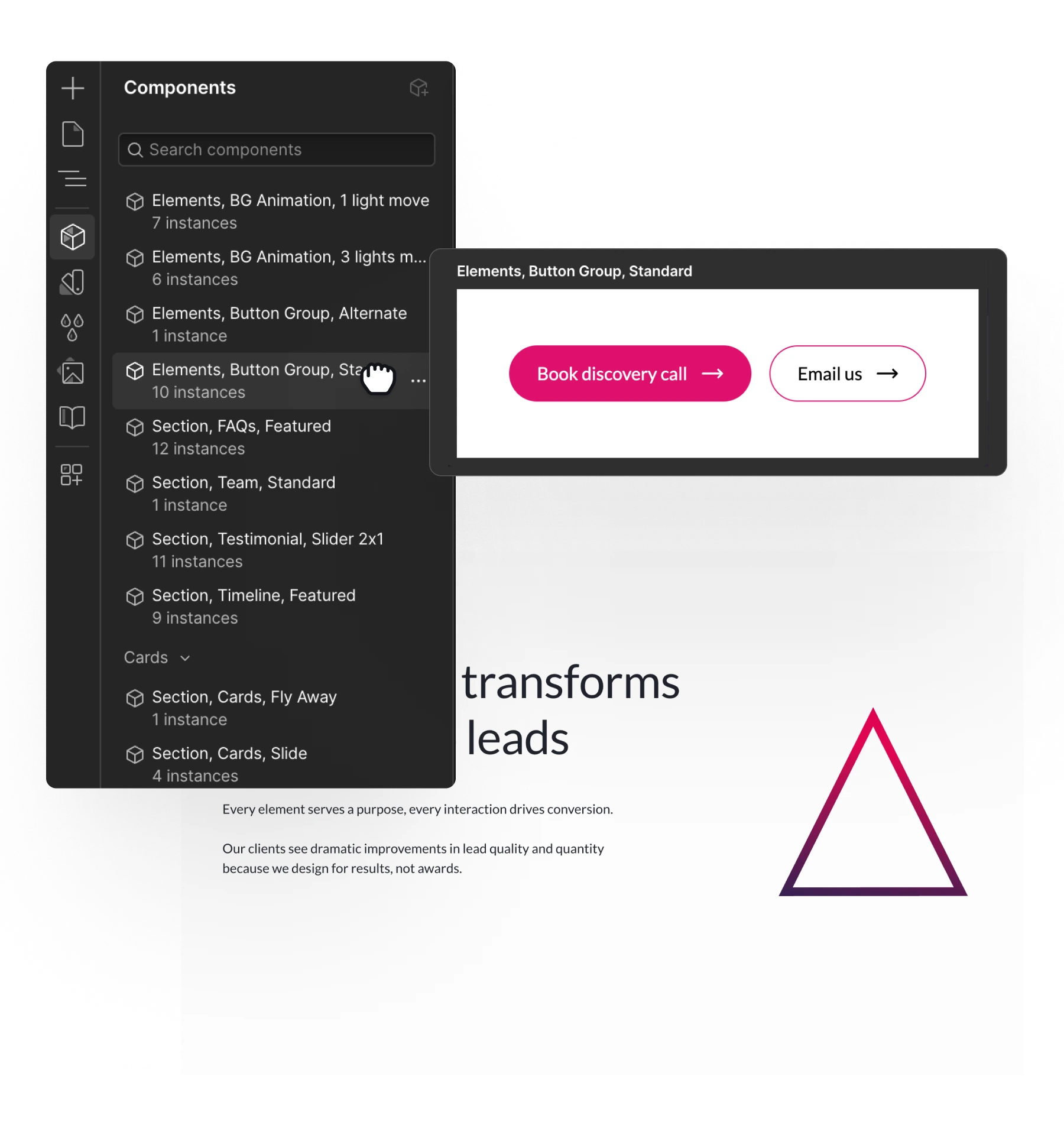 Screenshot of a design interface showing a components panel with various component names, and a tooltip displaying two buttons labeled 'Book discovery call' and 'Email us'.