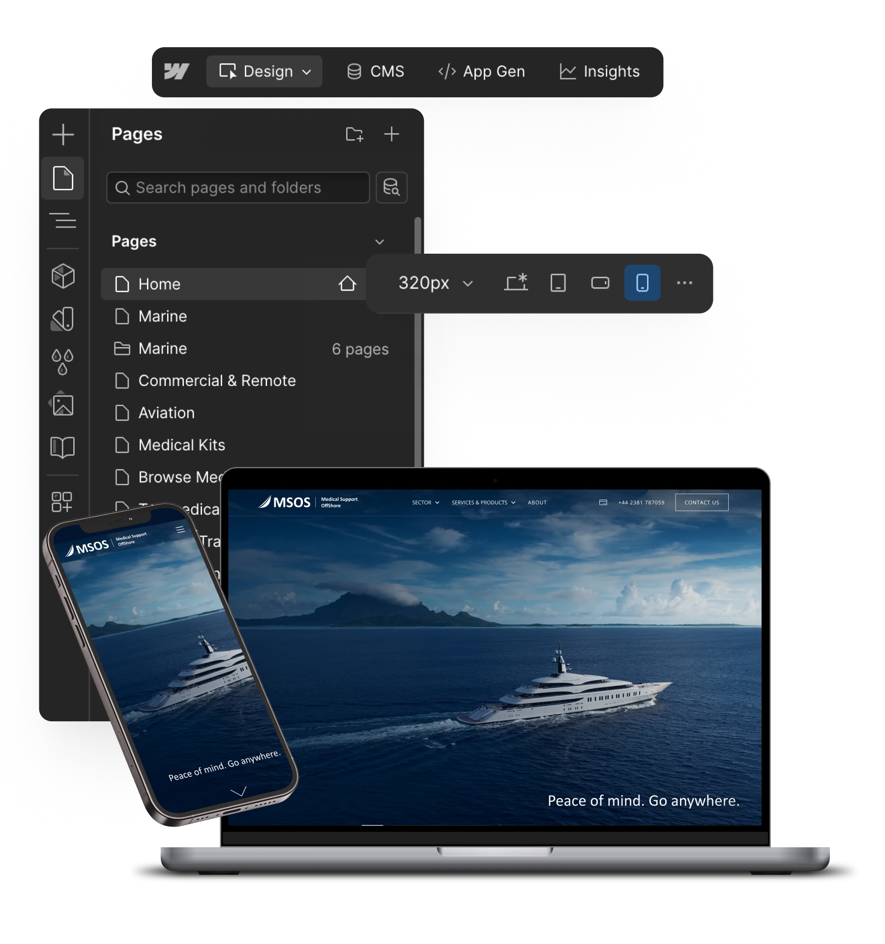 Website design preview showing a yacht on water with the text 'Peace of mind. Go anywhere.' displayed on a laptop and smartphone.