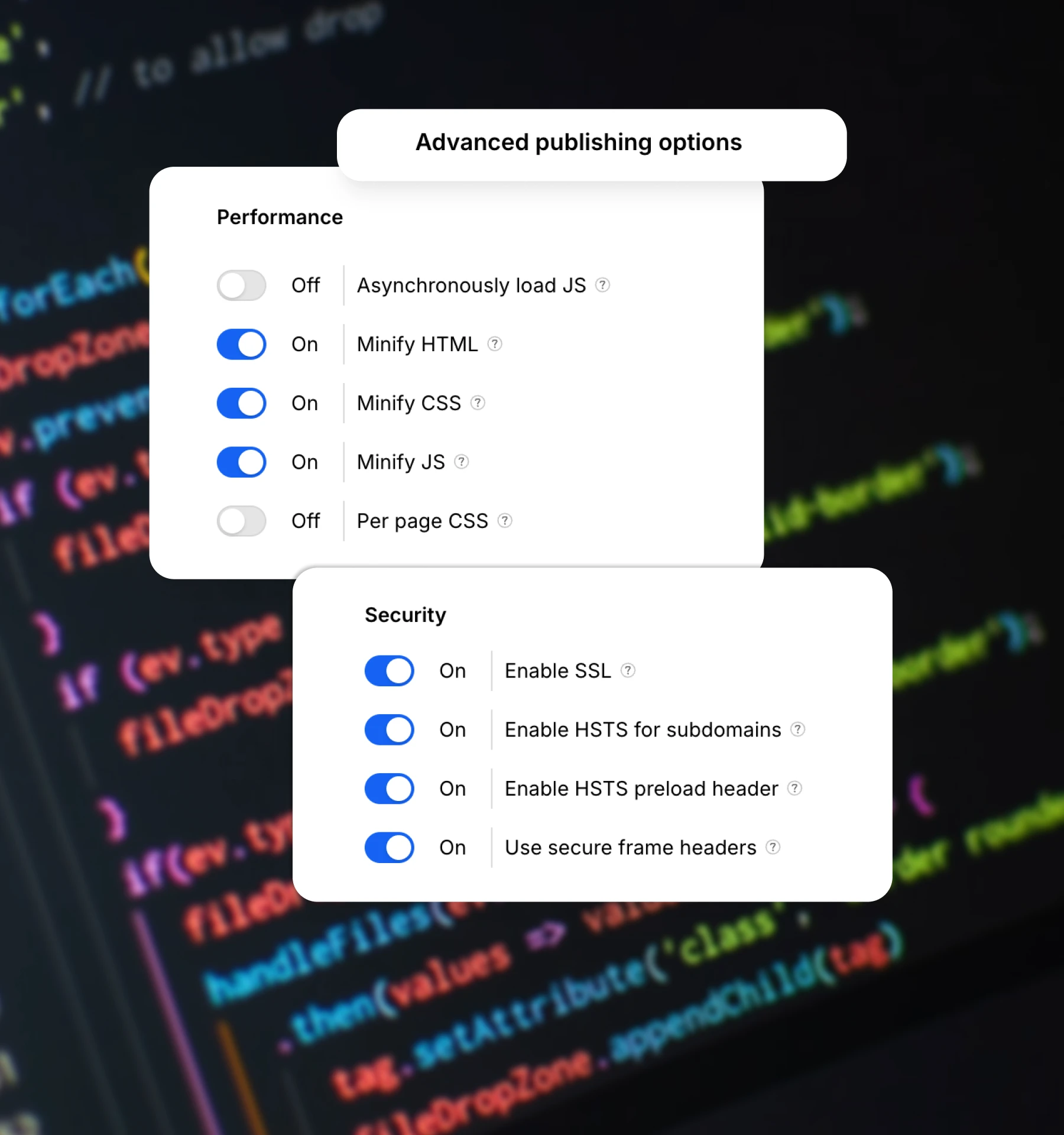 Advanced publishing options panel showing performance and security settings with toggles for minifying HTML, CSS, JS, and enabling SSL and HSTS features.
