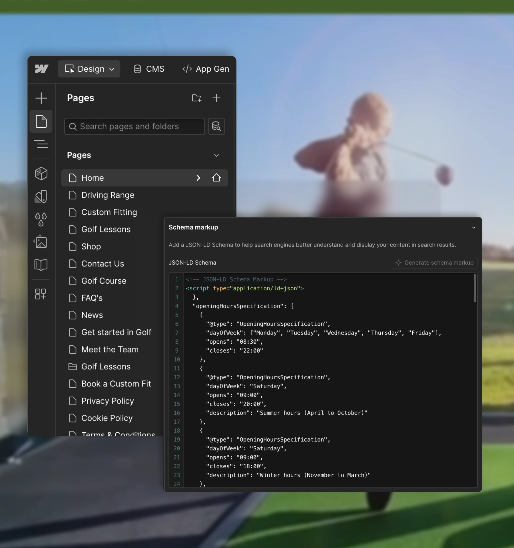 Screenshot of a website design interface showing a page list including Home, Driving Range, and Golf Lessons, with a schema markup JSON-LD code snippet about opening hours overlaying a blurred background of a person swinging a golf club.