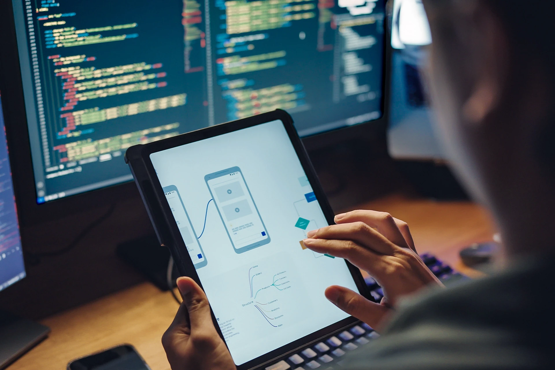 Person holding a tablet displaying a mobile app flowchart, with computer screens showing code in the background.