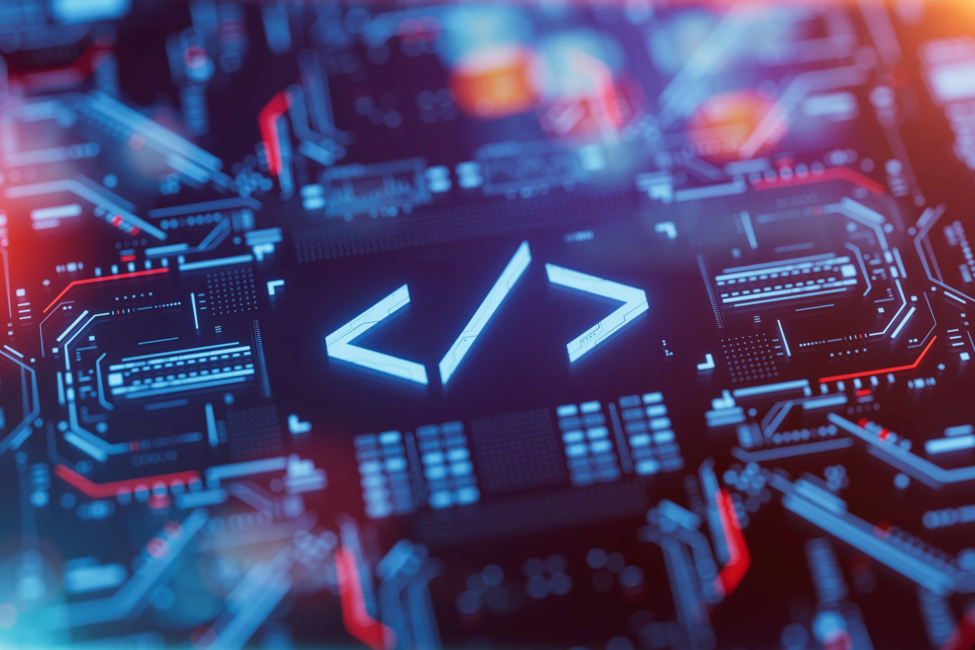 Close-up of a glowing code symbol made of angled brackets on a futuristic digital circuit board background.