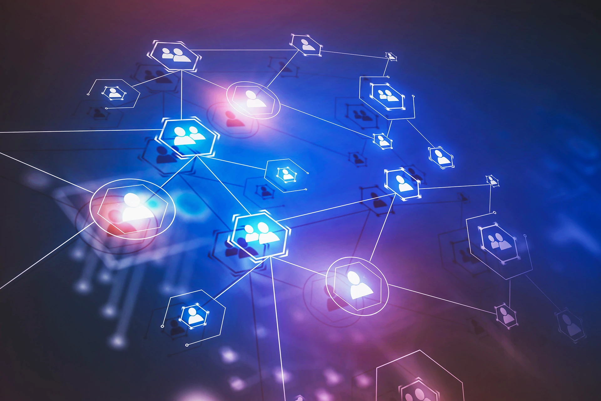Abstract digital network with interconnected user icons representing social or business connections on a blue and purple background.