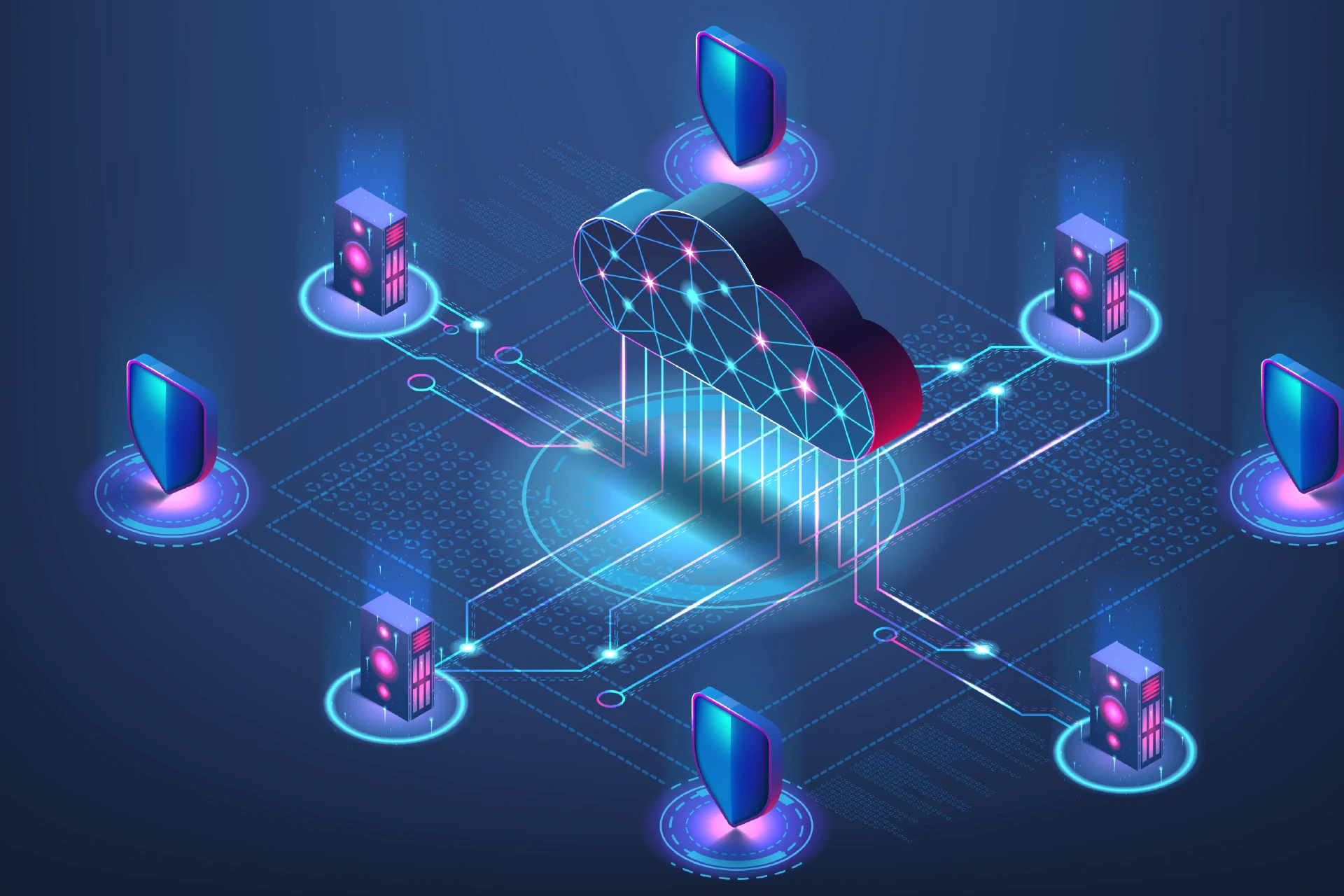 Digital cloud connected to multiple servers and shield icons symbolising secure cloud hosting and data protection.