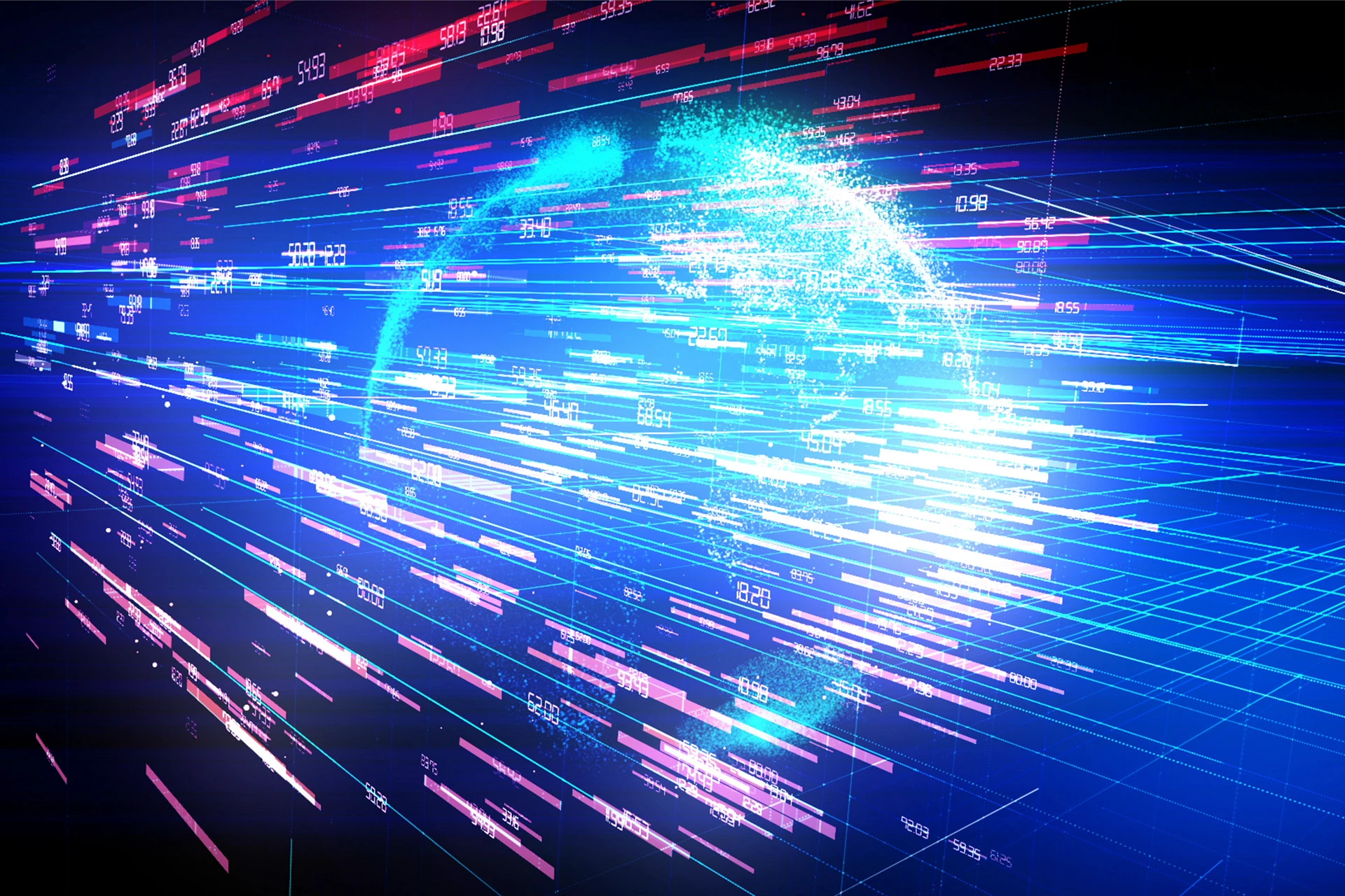 Digital globe composed of blue particles with data streams and numerical data overlaid on a dark background.