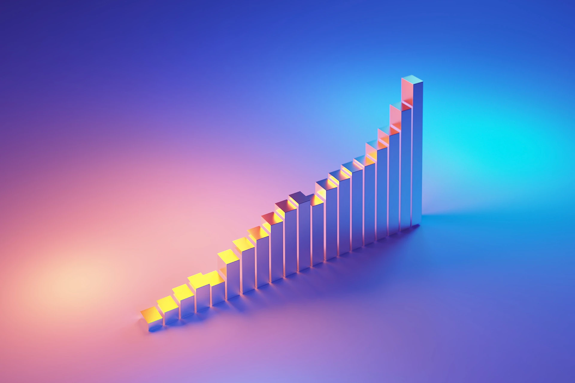 Three-dimensional bar chart with ascending bars glowing in warm colours on a blue to purple gradient background.