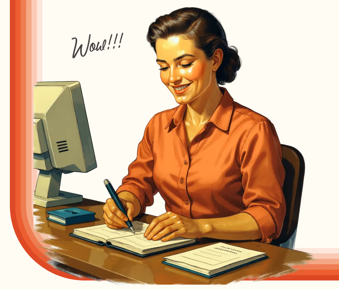 Smiling woman in an orange shirt writing in a notebook at a desk with a vintage computer and another closed notebook.