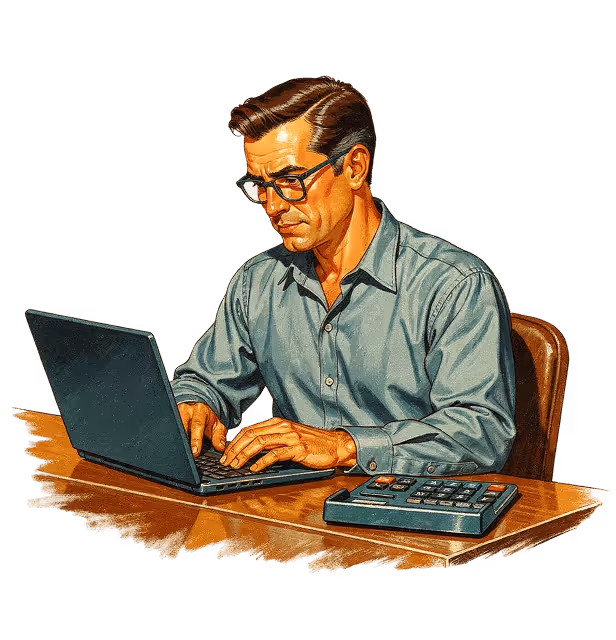 Illustration of a man wearing glasses and a blue shirt, typing on a laptop at a desk with a calculator nearby.