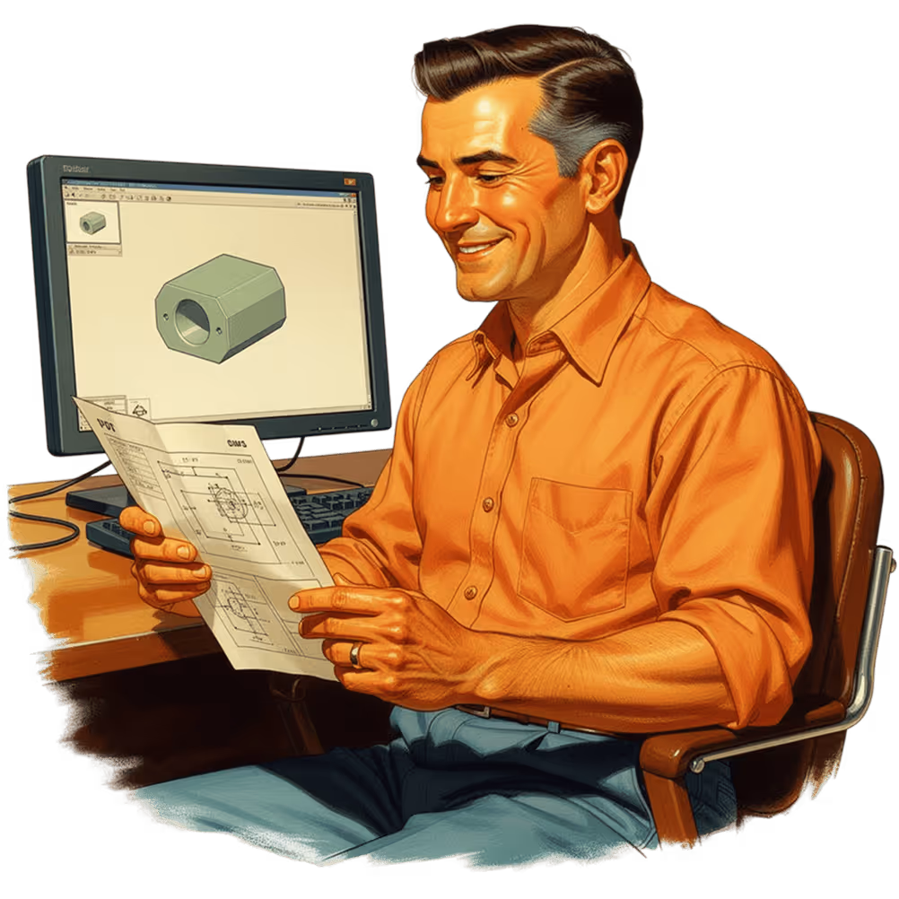 Man in an orange shirt sitting at a desk, smiling while reviewing a technical drawing with a 3D model displayed on the computer screen behind him.