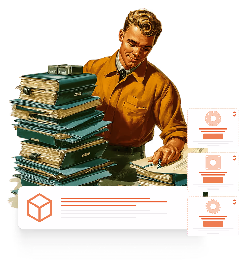 Illustration of a man in an orange shirt organizing large stacks of green binders and papers while holding a pen, with digital UI elements showing icons of mechanical parts and pricing on the right.