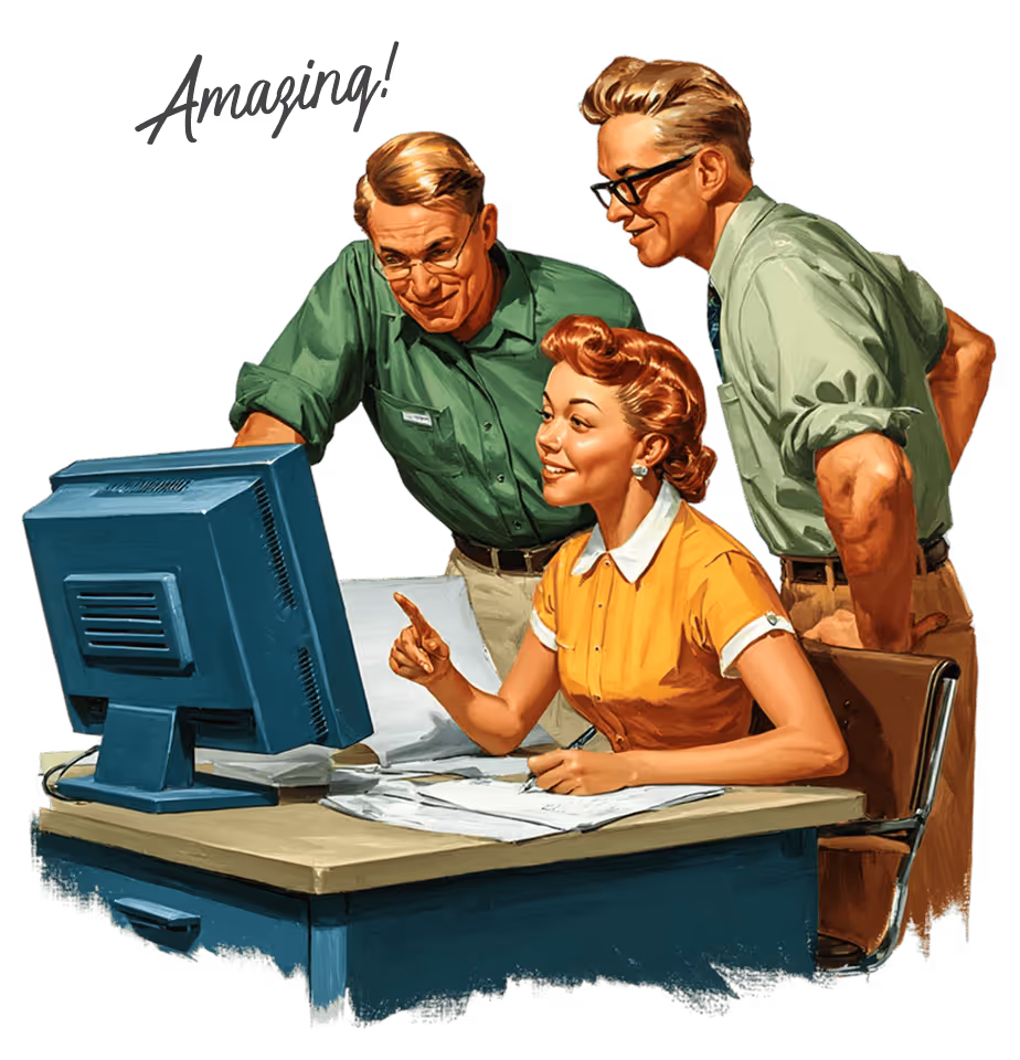 Three vintage-style people excitedly looking at a computer monitor with paperwork on the desk, with the word 'Amazing!' above them.