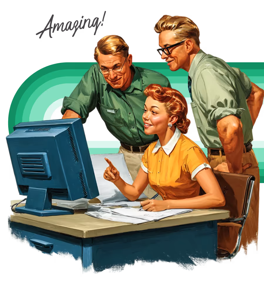 Three retro-style office workers, two men and one woman, smiling and looking at a computer screen on a desk with papers.