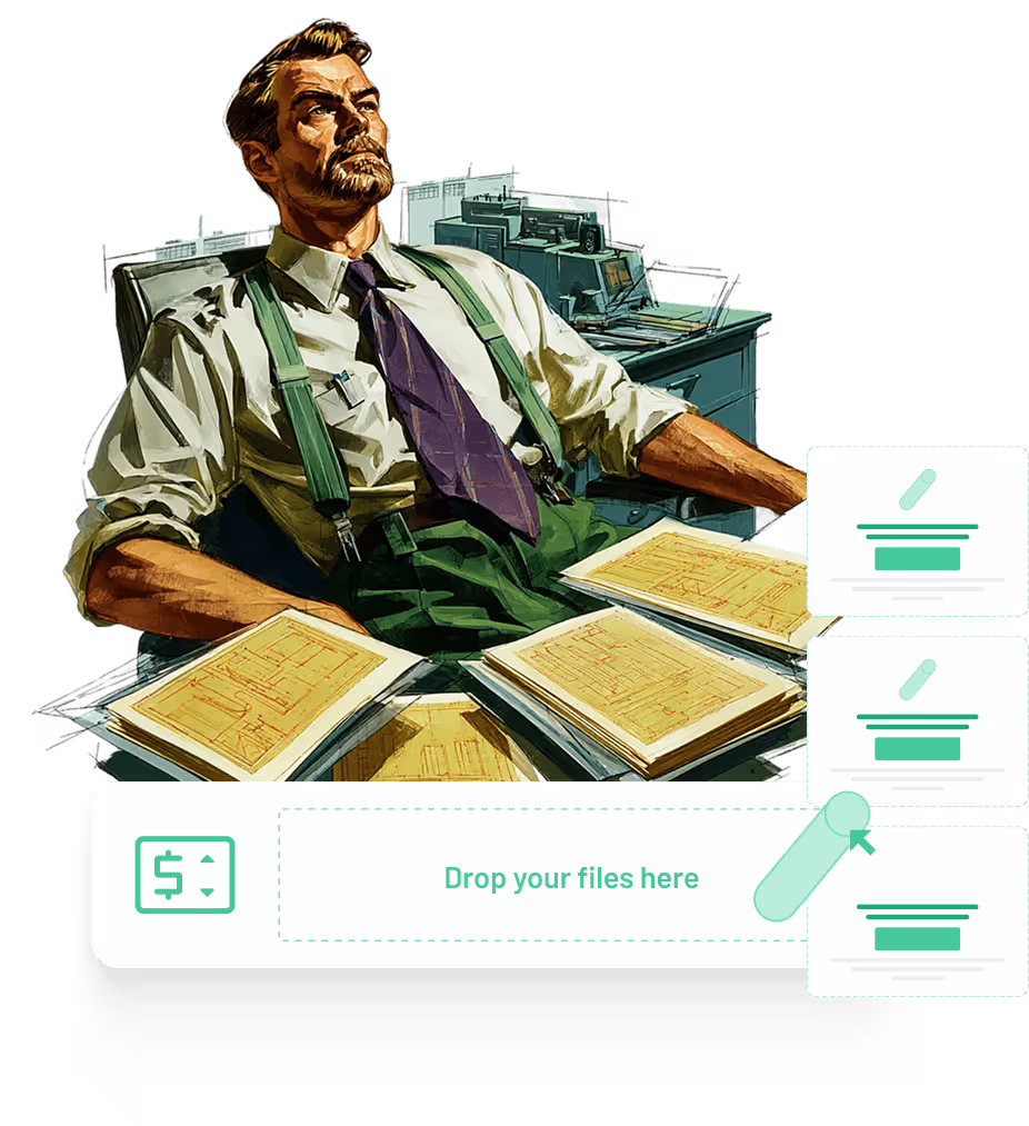 Illustration of a man in a white shirt with rolled-up sleeves, green suspenders, and a purple tie sitting at a desk with architectural blueprints and a folder labeled 'Drop your files here'.