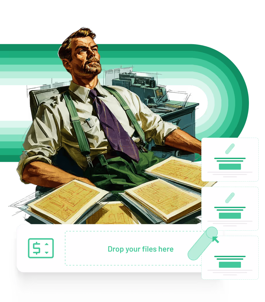 Illustration of a man in suspenders and tie seated at a desk with architectural plans, alongside a digital file upload interface showing 'Drop your files here.'