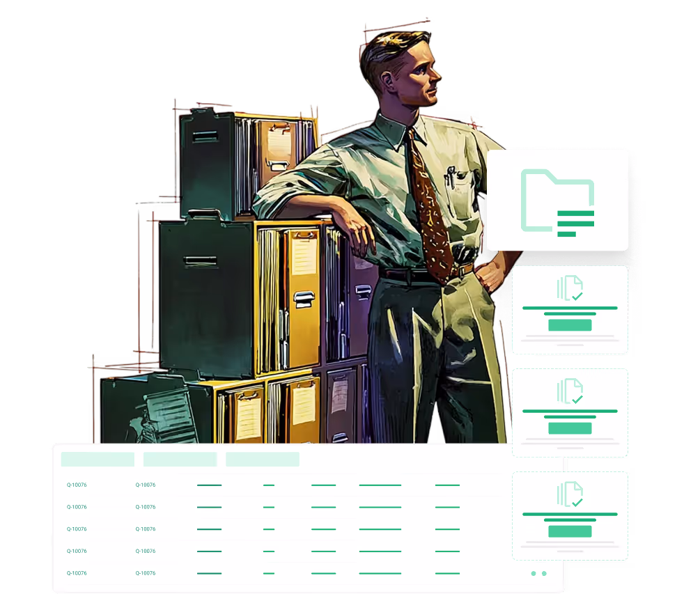 Man in a shirt and tie leaning on stacked file folders with digital icons and a data table overlay.