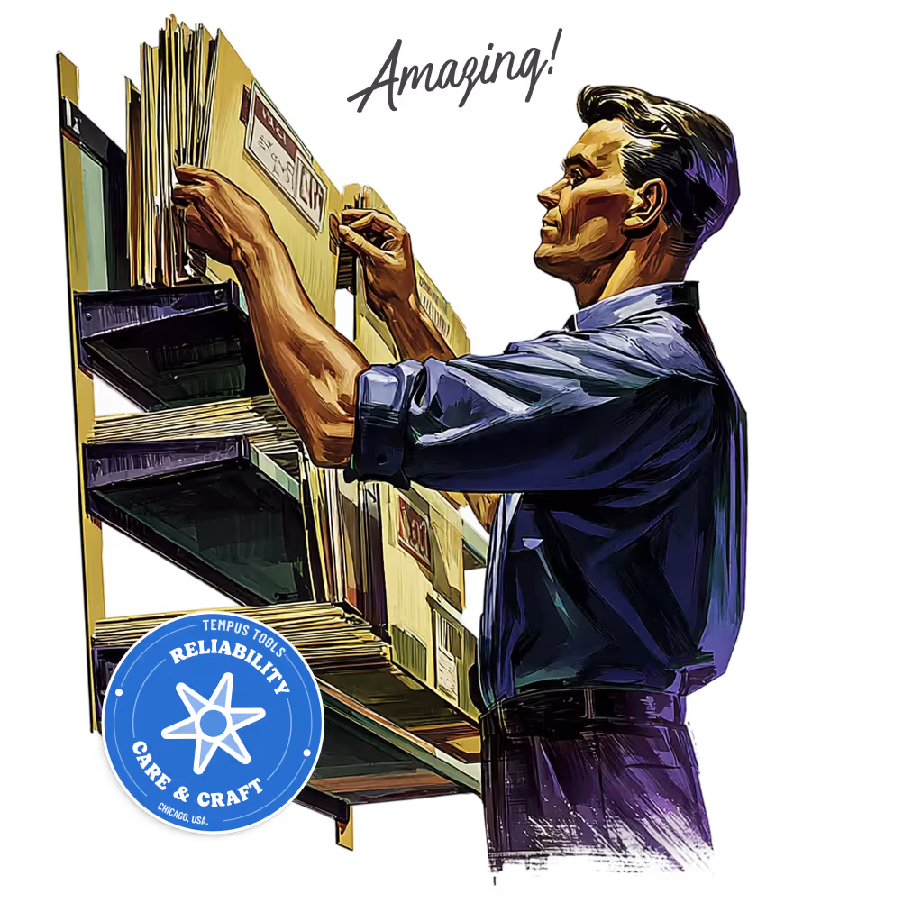 Illustration of a man in a blue shirt organizing files on a wall-mounted filing system with the word 'Amazing!' above and a blue circular badge reading 'Tempus Tools Reliability Care & Craft Chicago, USA'.