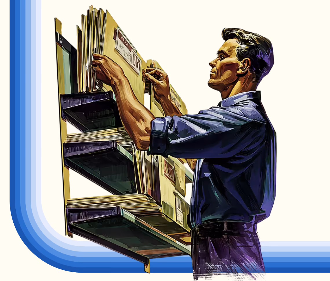Illustration of a man in a blue shirt organizing files in a wall-mounted filing system.