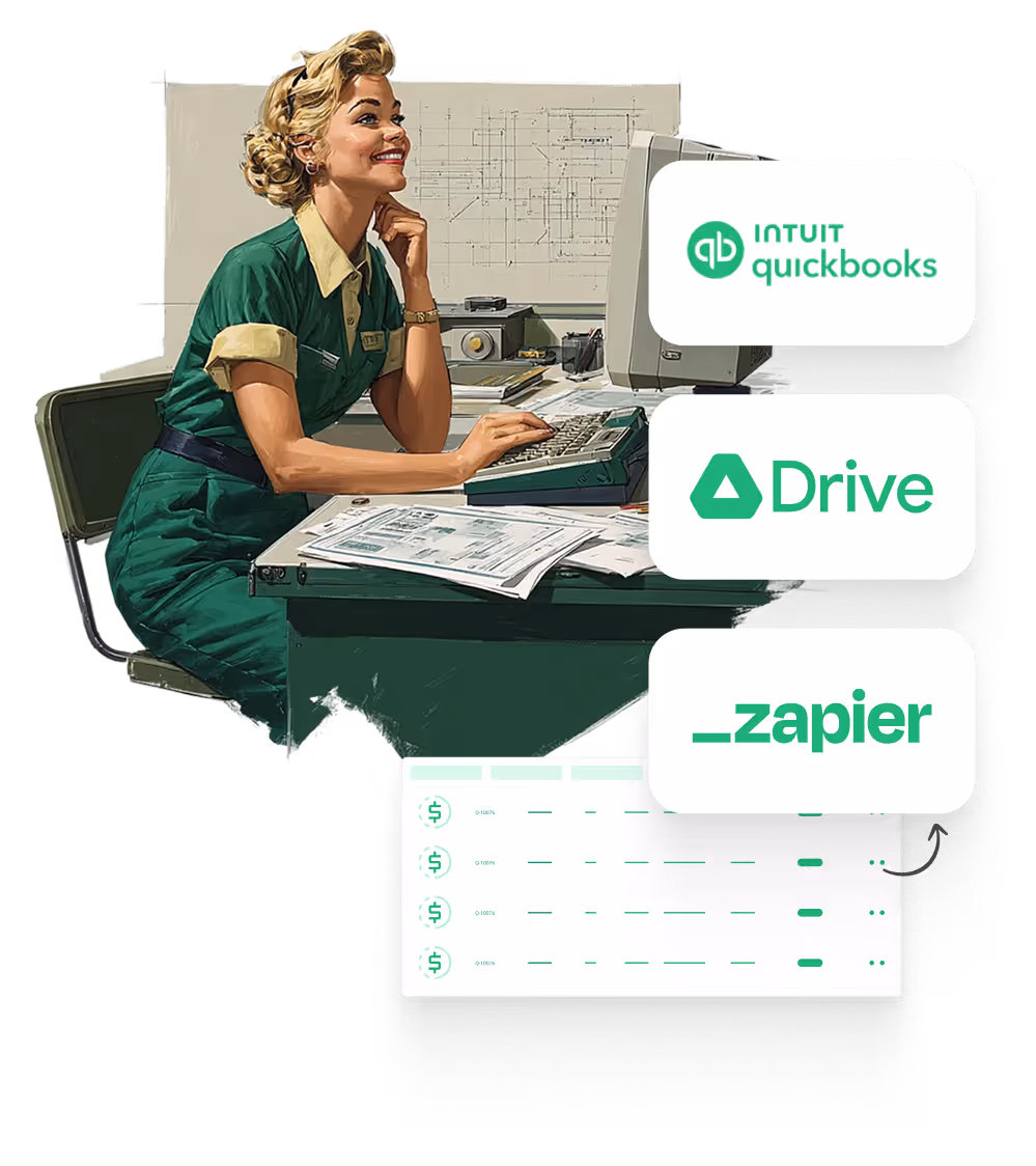 Man in vintage attire writing on a clipboard next to a workbench with tools, papers, and metal rods, with a round emblem labeled 'Tempus Tools Reliability Care & Craft Chicago, USA.'