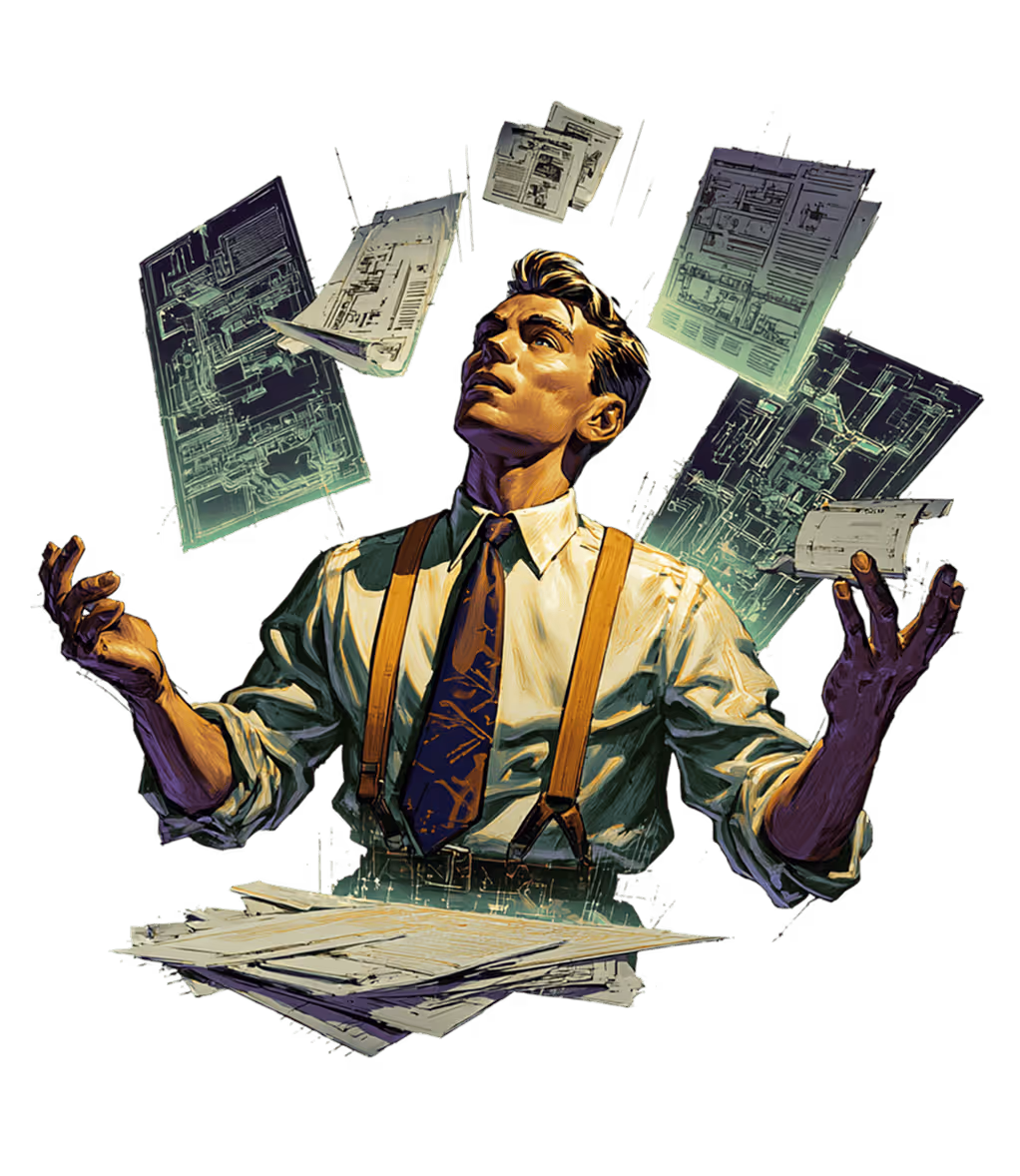 Shop worker overwhelmed by scattered quotes and technical drawings flying everywhere — this is what quoting looks like without a system, and exactly what Tempus Tools fixes