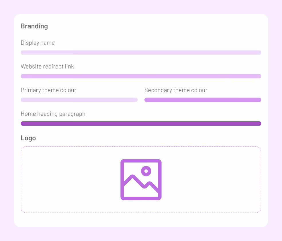 Branding settings panel with fields for display name, theme colors, logo, and homepage copy — make your quoting portal look like your shop, not like generic software