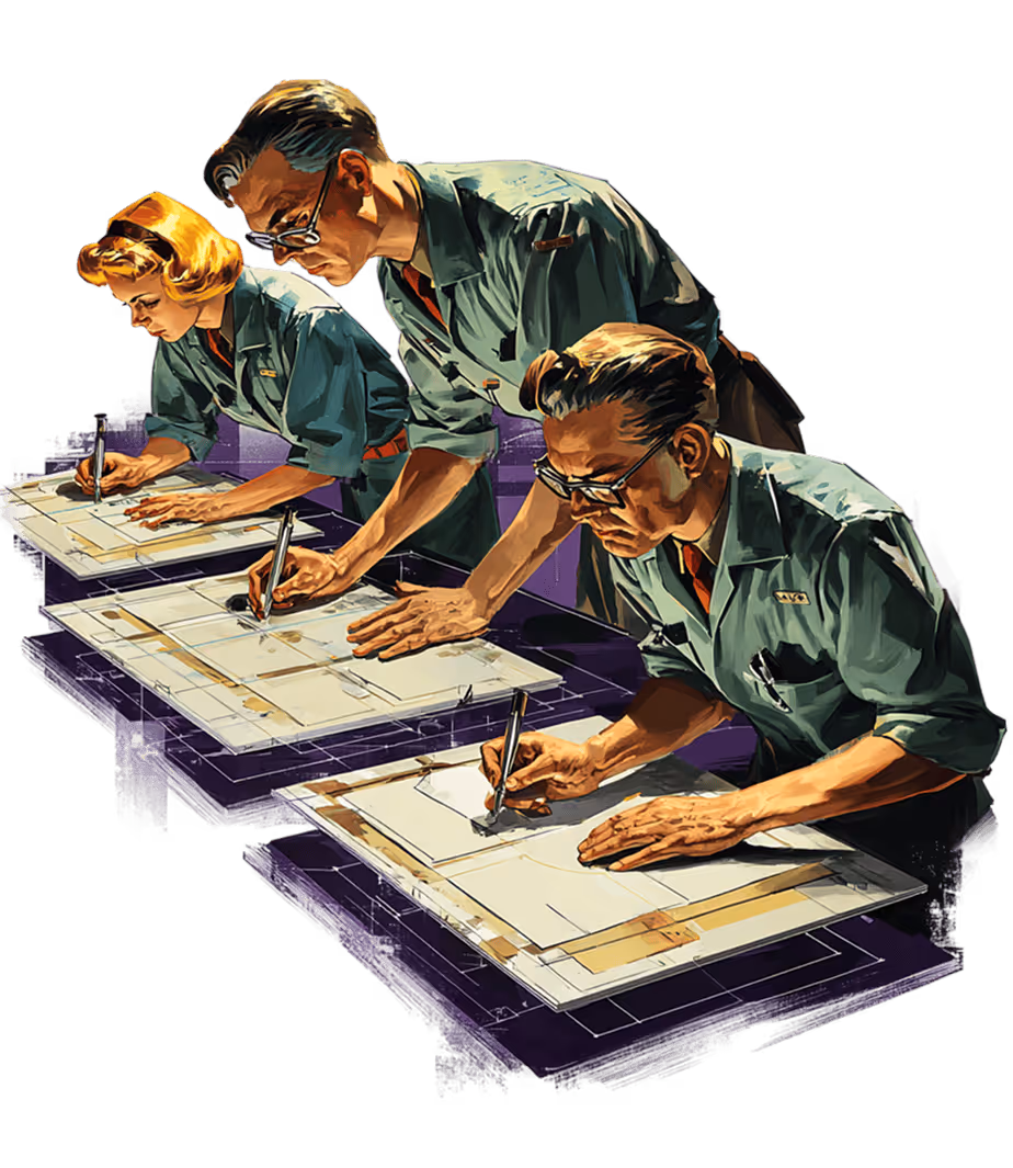 Three engineers working side by side on technical drawings — when your whole team quotes from the same system, you stop losing margin to inconsistent pricing
