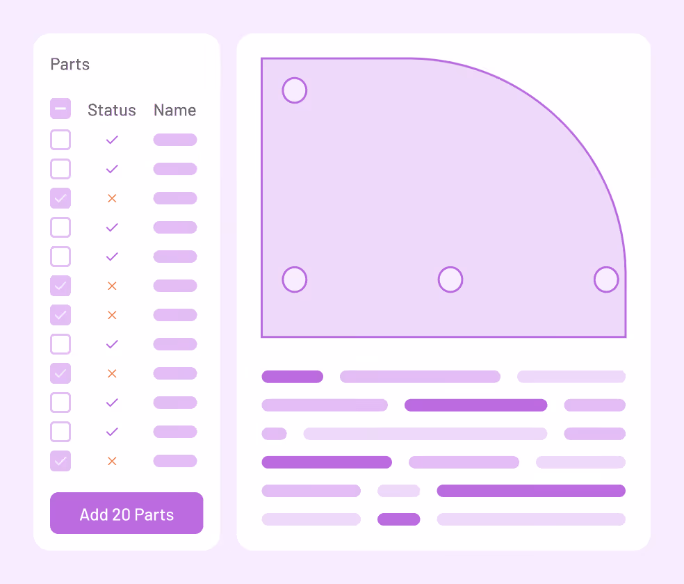 Parts checklist with pass/fail status indicators next to a technical schematic — every team member sees the same parts, same prices, same status, so nothing falls through the cracks