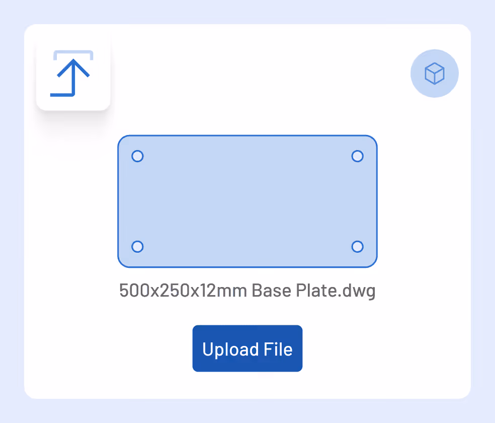 Upload interface showing a 500x250x12mm base plate DWG file — drop your design file into Tempus Tools and get an instant laser cutting quote instead of waiting hours for a callback