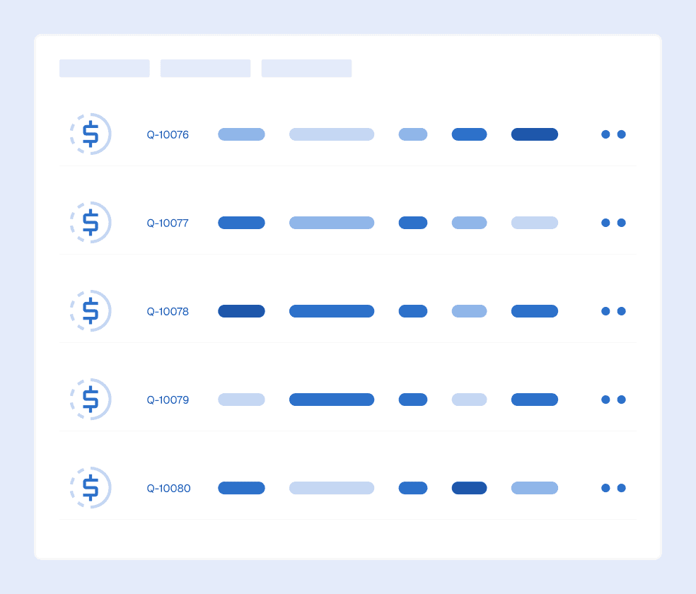 Quote pipeline showing five active RFQs with status bars and pricing — see every open quote at a glance so you know which jobs to follow up on and which are ready to close