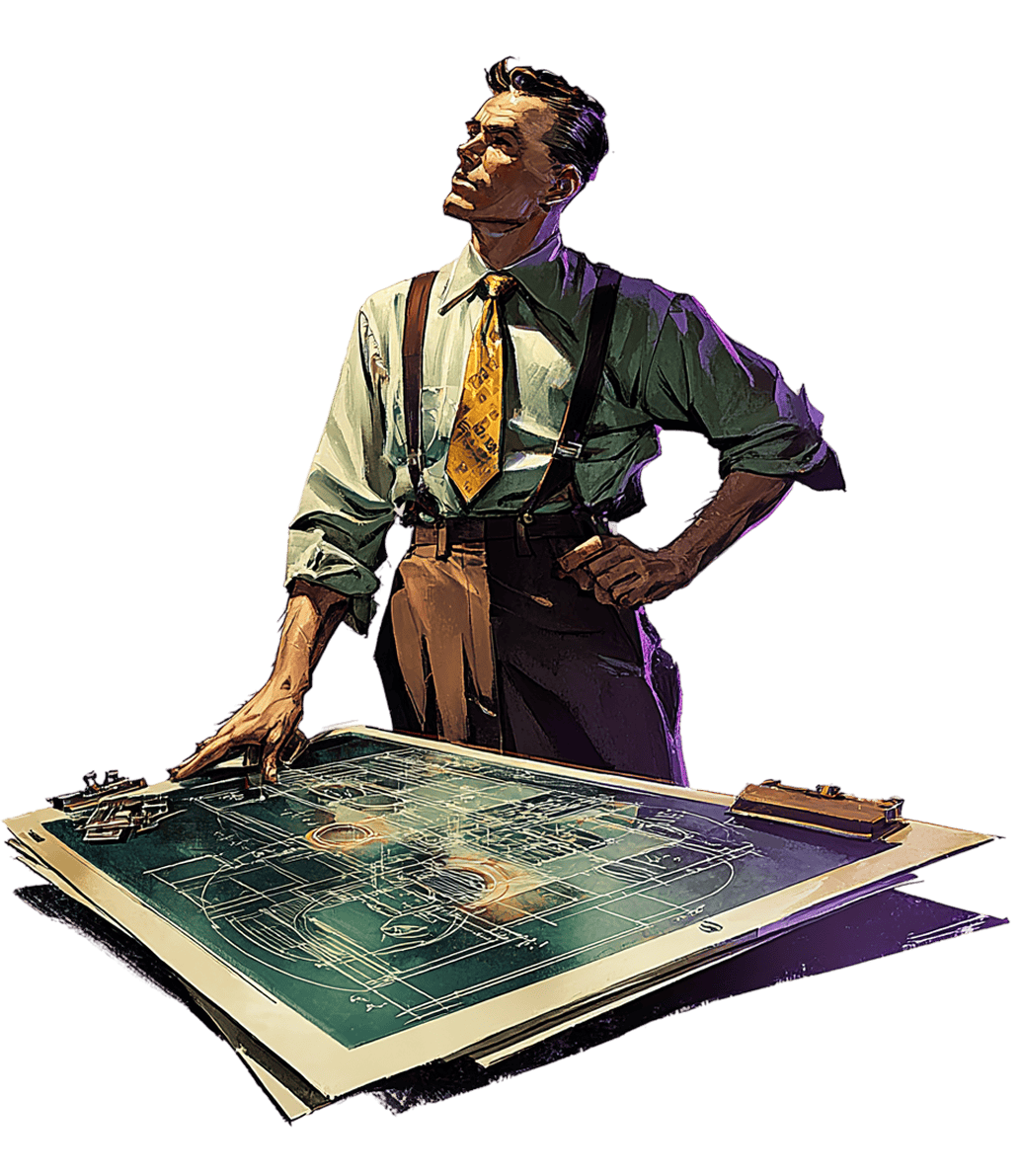 Estimator reviewing fabrication blueprints at his drafting table — stop guessing material costs and quote every job with accurate, structured estimates in Tempus Tools