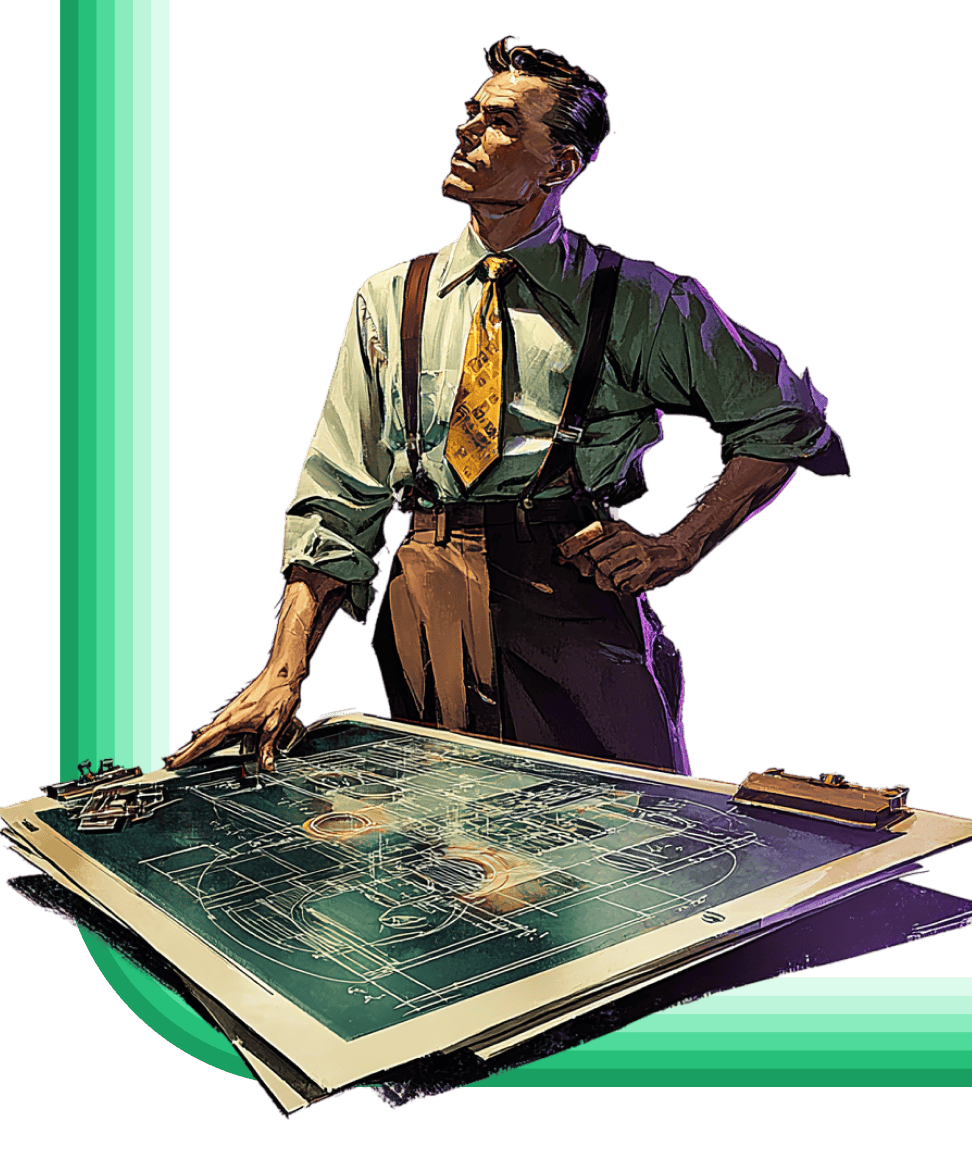 Estimator standing over layered fabrication drawings — Tempus Tools replaces spreadsheets and manual takeoffs with structured cost calculations your whole shop can trust