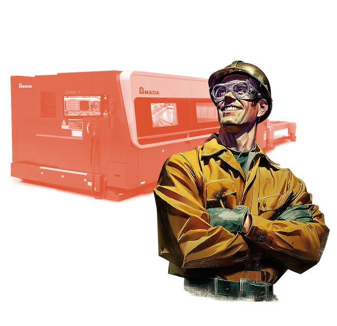 Confident laser operator standing arms crossed in front of an Amada laser cutter — spend less time pricing jobs and more time cutting parts with instant quotes from Tempus Tools