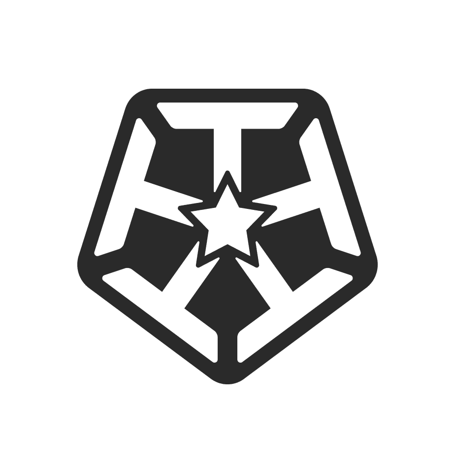 Black geometric shield emblem with a central star and angular lines forming a pentagon shape.