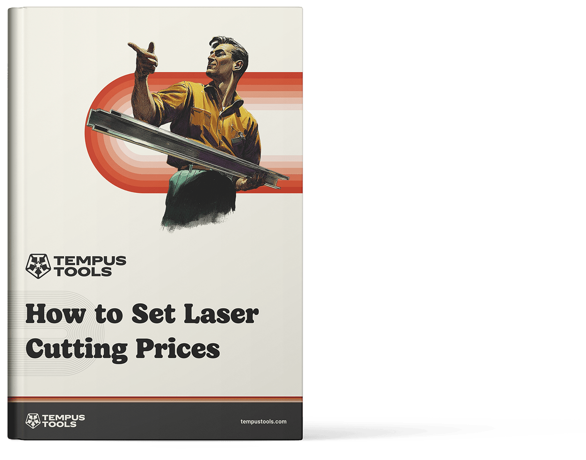 Book cover showing a man holding metal bars with title How to Set Laser Cutting Prices.