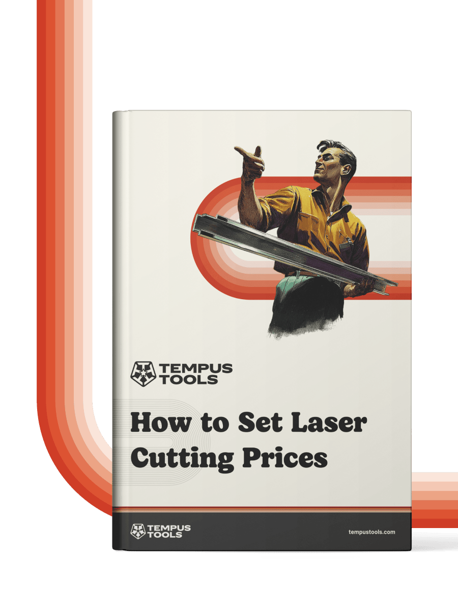 Book cover with retro illustration of a man holding metal, titled How to Set Laser Cutting Prices.