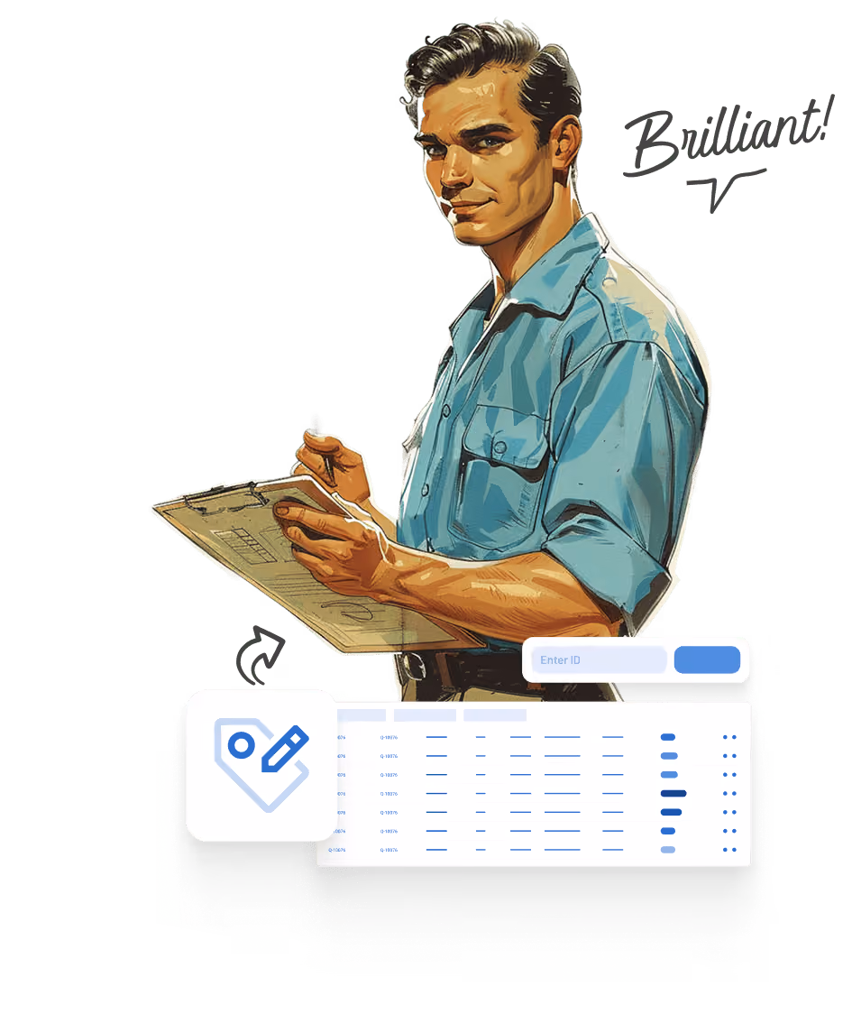 Illustration of a man in a blue shirt holding a clipboard with text reading 'Brilliant!' near a data table.