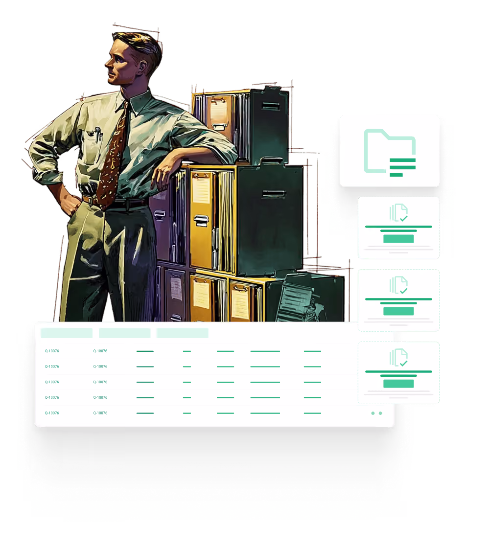 Man in tie stands next to stacked filing cabinets with floating digital file and document icons.