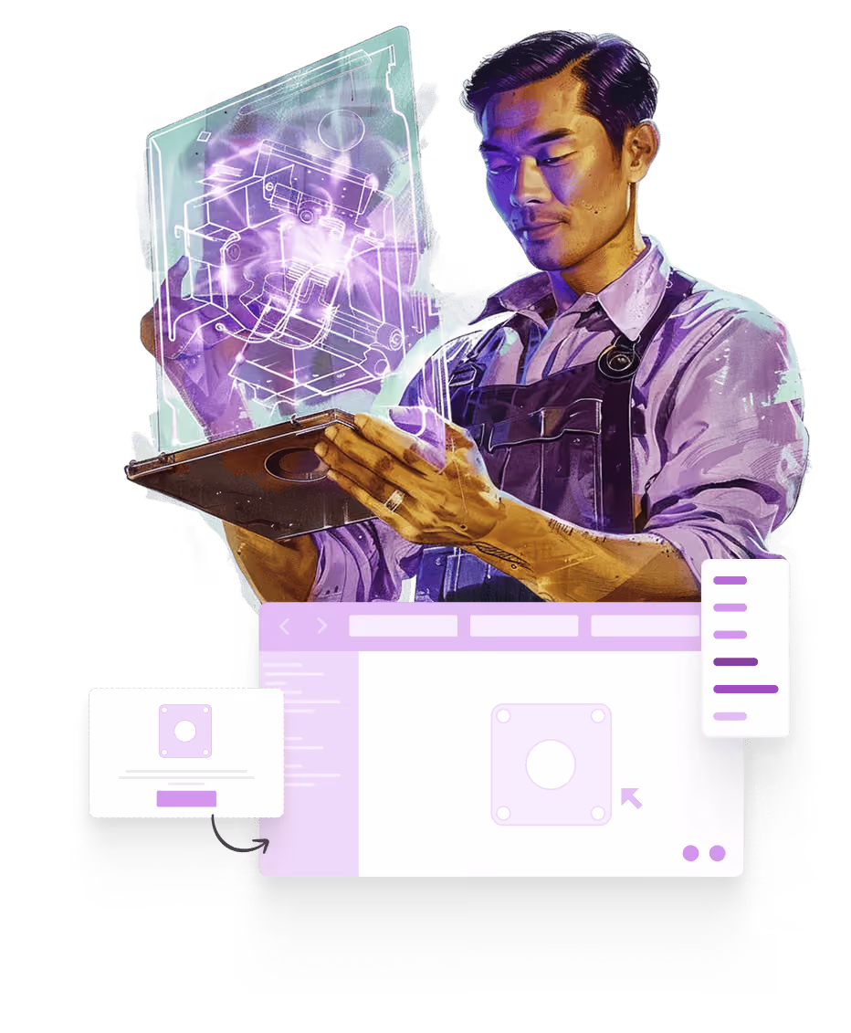 Man in work apron holding tablet projecting a holographic 3D mechanical part design.