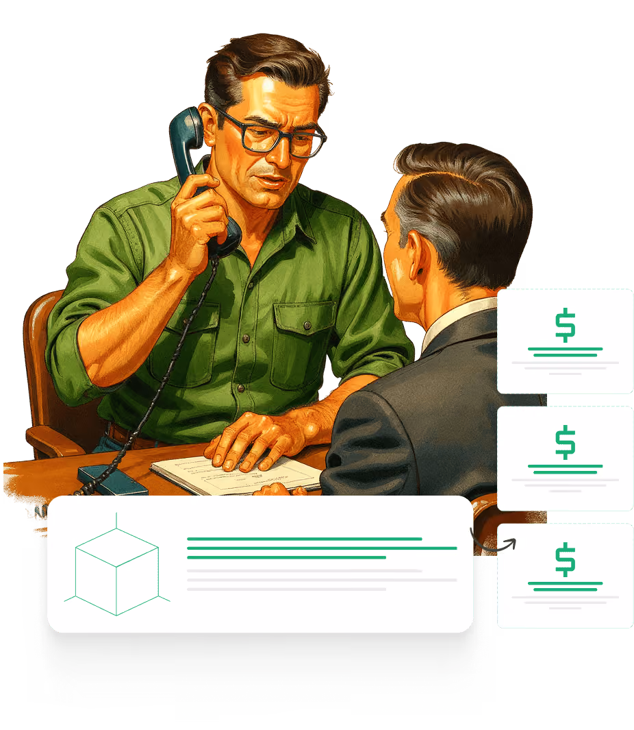 Two men sitting at a table; one is on the phone, and there are financial icons and text overlays.