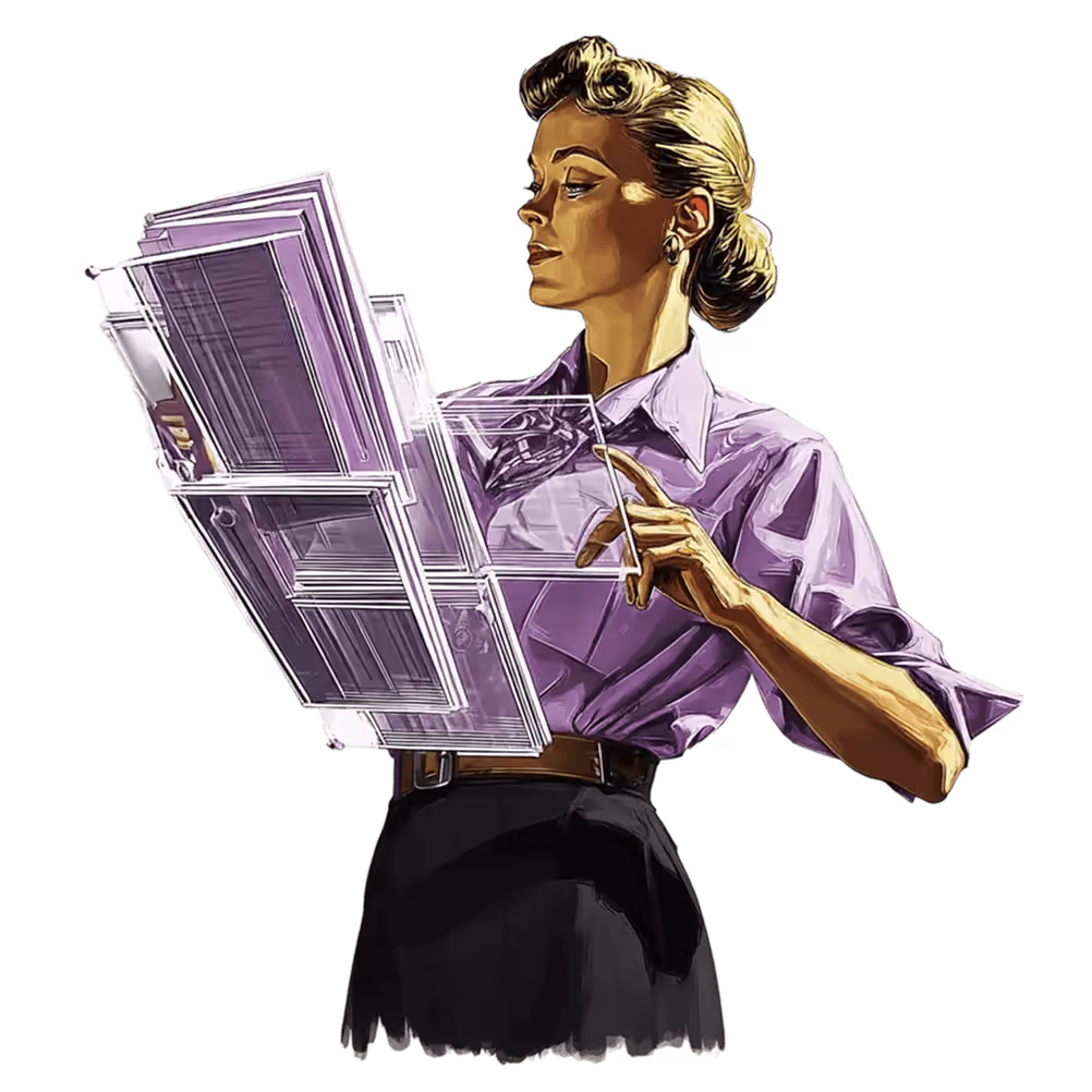 Woman in purple shirt holding and reading a transparent folder with documents.
