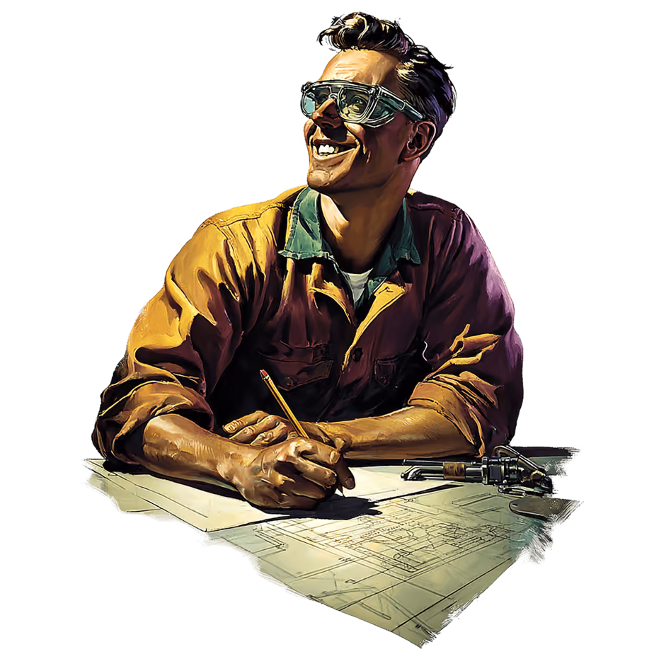 Man wearing safety goggles smiles while drawing architectural plans with a pencil.